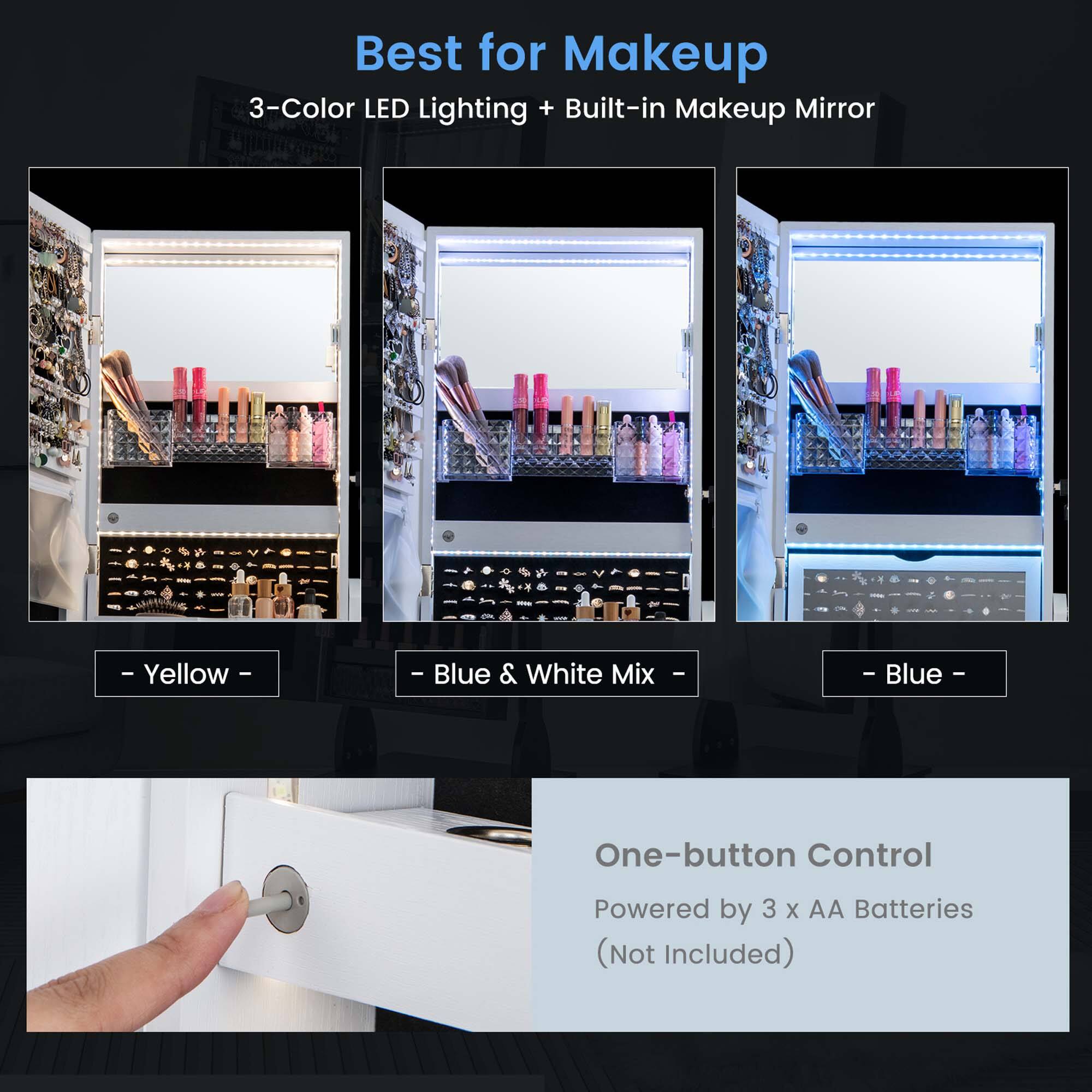 Best for Makeup: 3-Color LED Lighting + Built-in Makeup Mirror - Yellow, Blue & White Mix - Blue - One-button Control - Powered by 3 X AA Batteries (Not Included)