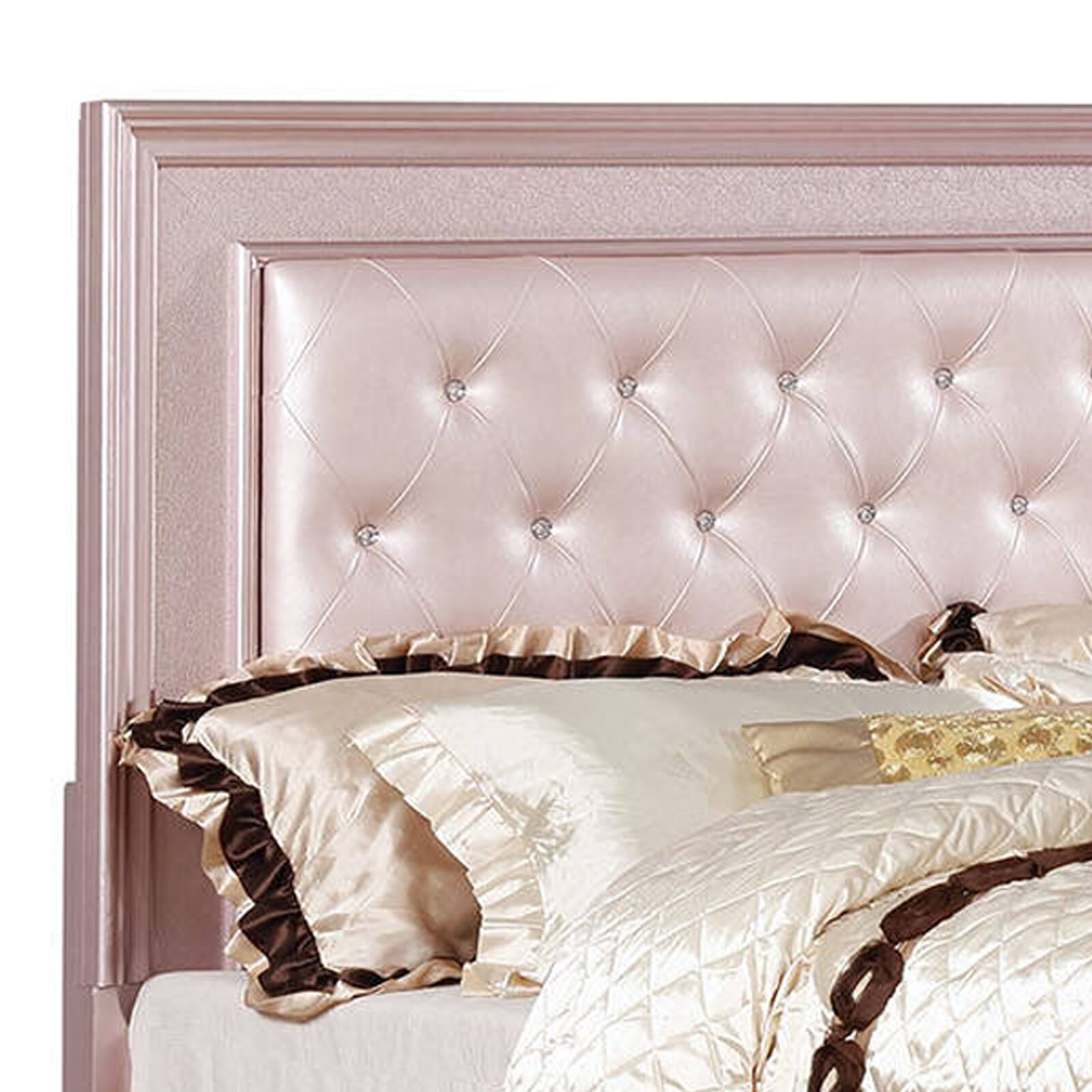 Alt View 3. Manhattan Lane - Contemporary Queen Size Wooden Bed With Mirror Trim Details, Pink - Pink.