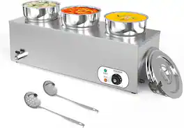 Winado - 1500W Electric Soup Warmer, 22QT Commercial Food Warmer Steam Table, Countertop Bain Marie w/Three 7.4QT Pots, 86~185°F - Silver