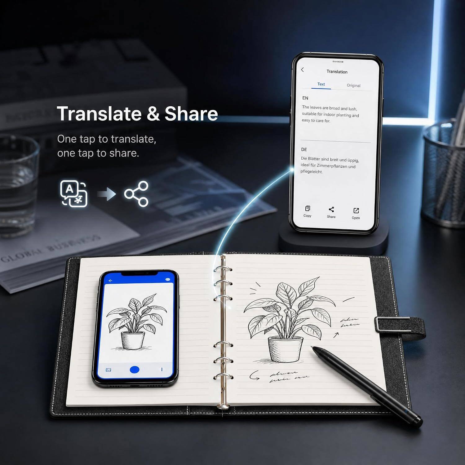 Translation
Text
Original
Translate & Share
EN The leaves are broad and lush, suitable for indoor planting and easy to care for.
One tap to translate, one tap to share.
DE Die Blätter sind breit und üppig, ideal für Zimmerpflanzen und pflegeleicht.
A 
GLOBAL BUSINESS
Copy
Share
Open