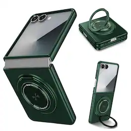 Dteck - Rugged Case for Samsung Galaxy Z Flip8, Magnetic Wireless Charger Anti-Scratch Ring Kickstand Shockproof Slim Cover - Darkgreen