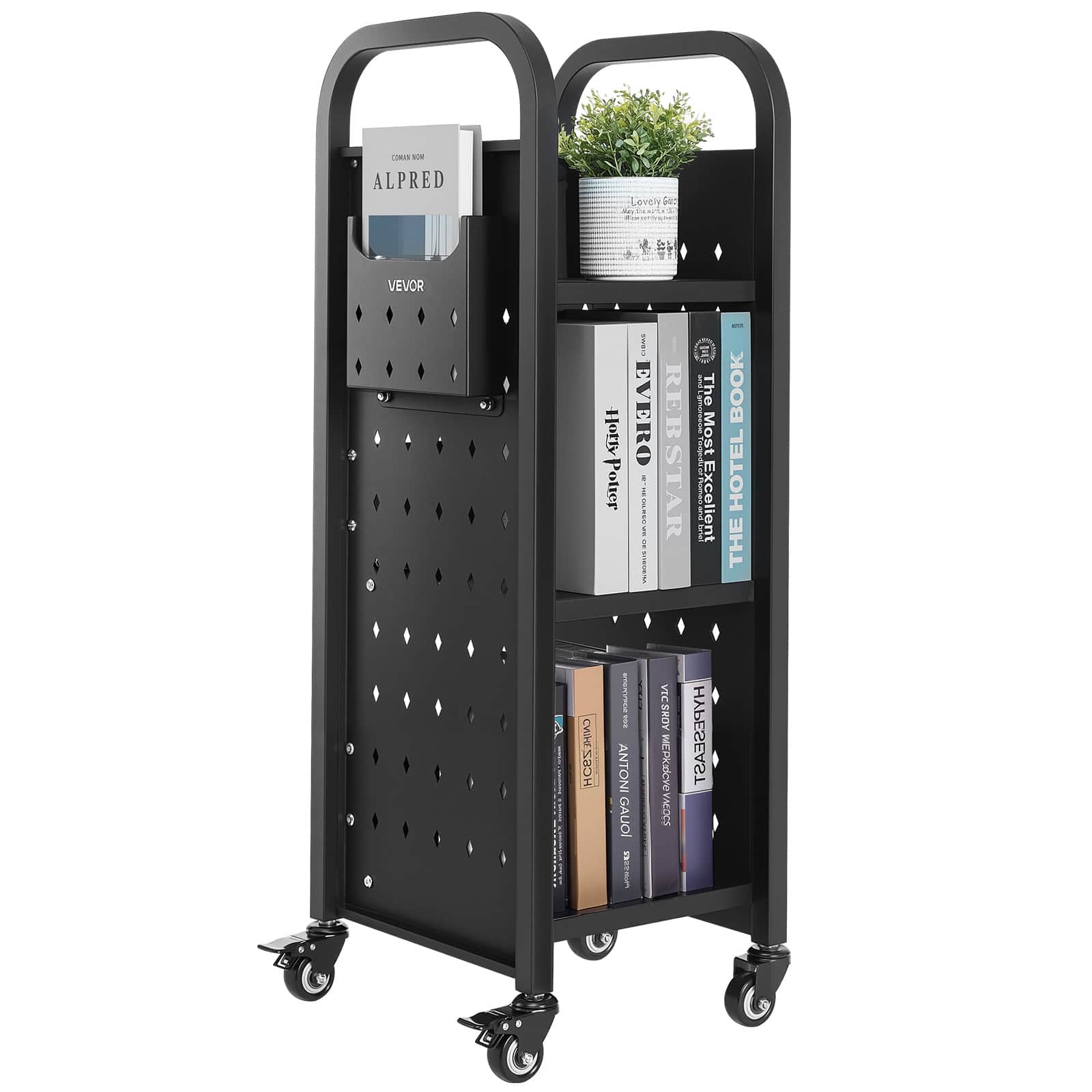 VEVOR - Rolling Library Book Cart, 220 lbs Capacity, 12.6 x 13.8 x 36.8-Inch Library Cart, Single Sided L-Shaped Shelves - Black