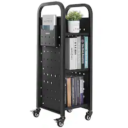 VEVOR - Rolling Library Book Cart, 220 lbs Capacity, 12.6 x 13.8 x 36.8-Inch Library Cart, Single Sided L-Shaped Shelves - Black