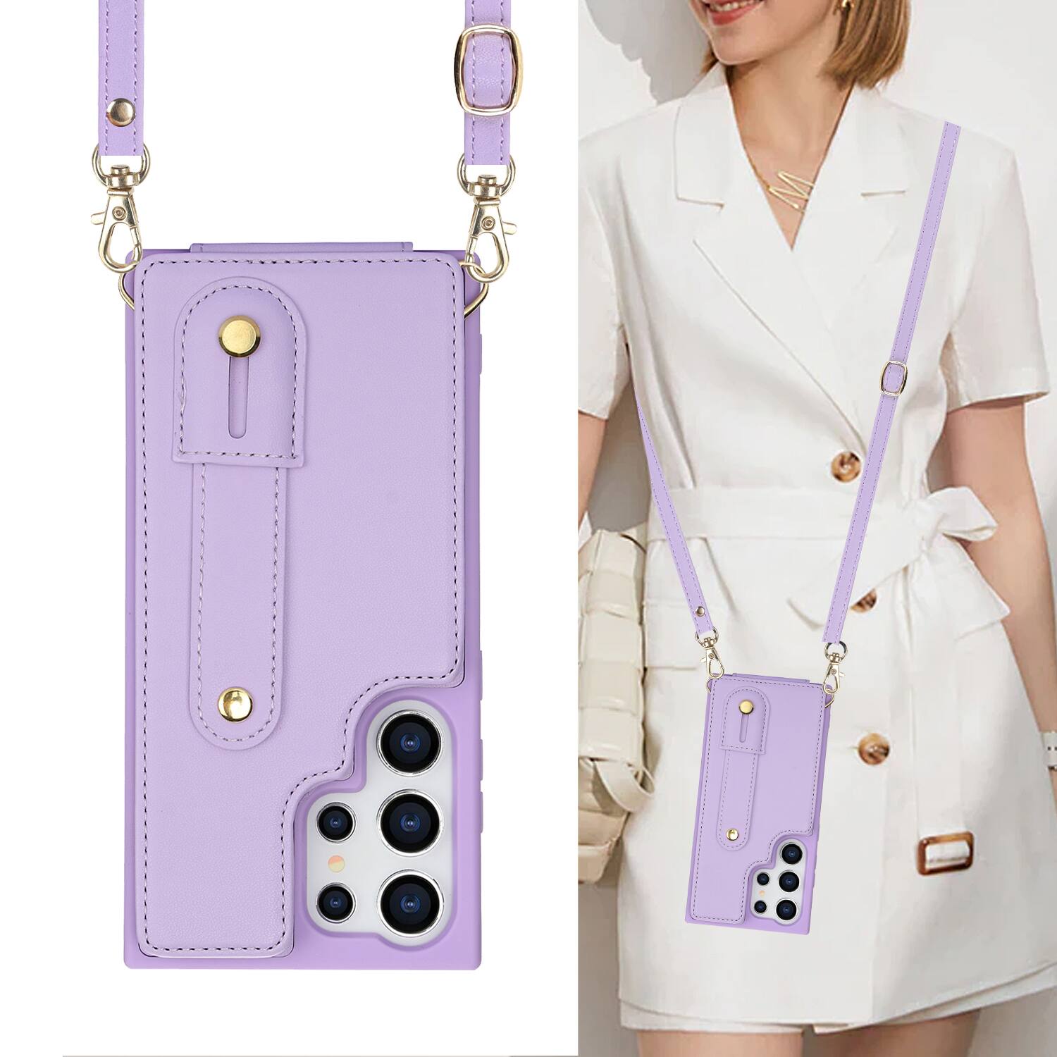 Left. Dteck - Crossbody Wallet Case for Samsung Galaxy S25 Ultra,Shockproof Protective Cover with Wrist Strap and Kickstand - Purple.