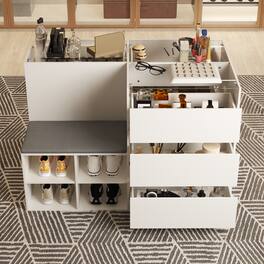 FUFU & GAGA - Entryway Shoe Bench with Storage Drawers and Display Shelf Multifunctional Organizer for Living Room or Closet - White