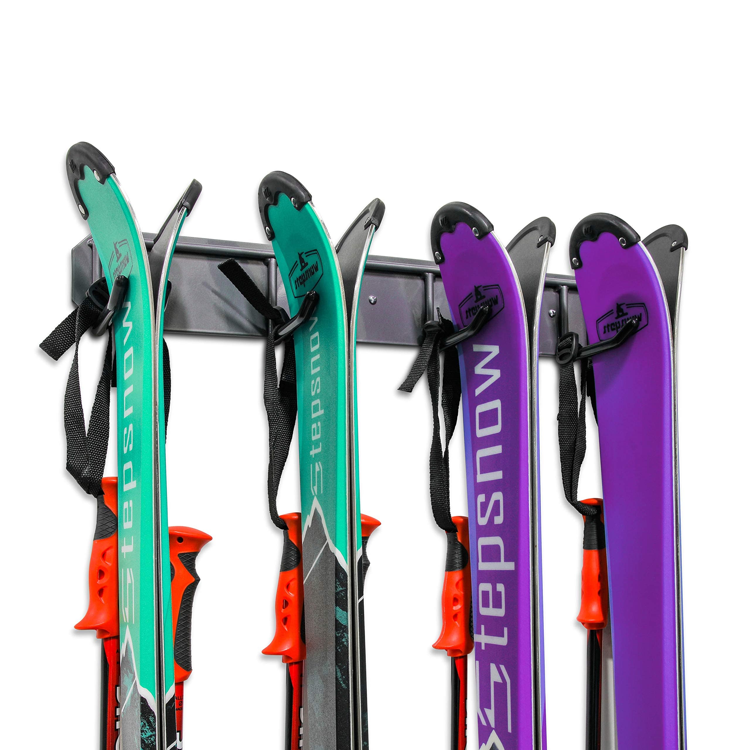 RaxGo - Ski Storage Rack, Wall Mounted Ski Rack Holds 4 Pairs of Skis & Skiing Poles or Snowboards - Black