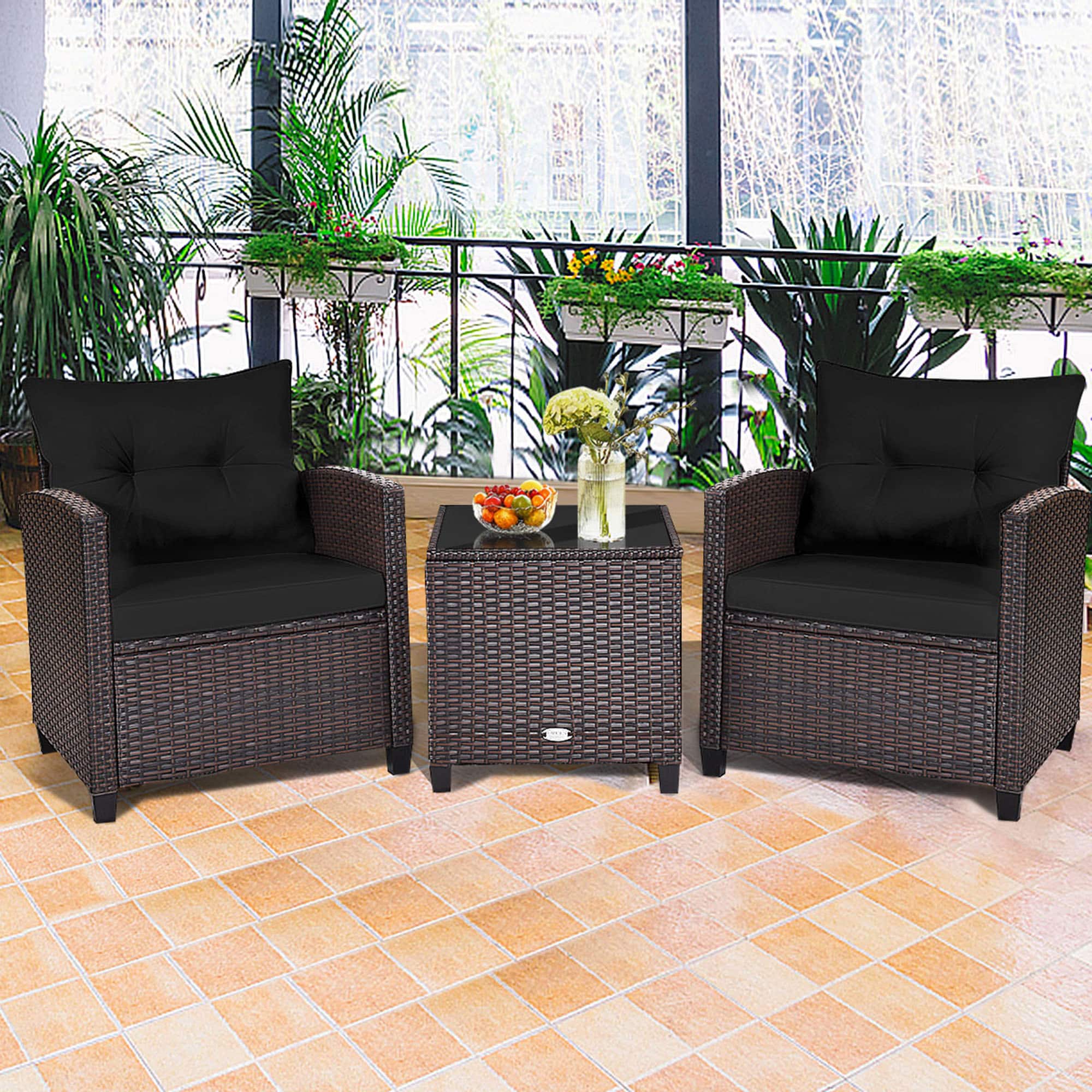 Front. Gymax - Gymax 3PCS Outdoor Patio Rattan Conversation Set Garden Yard w/ Black Cushions - Mix Brown.