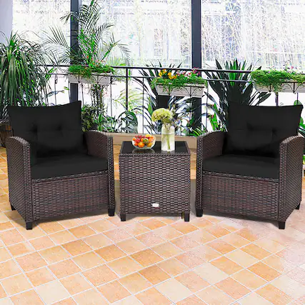 Front. Gymax - Gymax 3PCS Outdoor Patio Rattan Conversation Set Garden Yard w/ Black Cushions - Mix Brown.