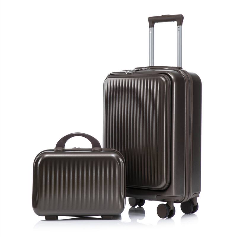 Angle. HTUTWOO - Set of 2 14" Cosmetic Case & 20" Luggage Set with Spinner Wheels - ABS Hardside Suitcase with TSA Lock, Front Opening , - Brown.