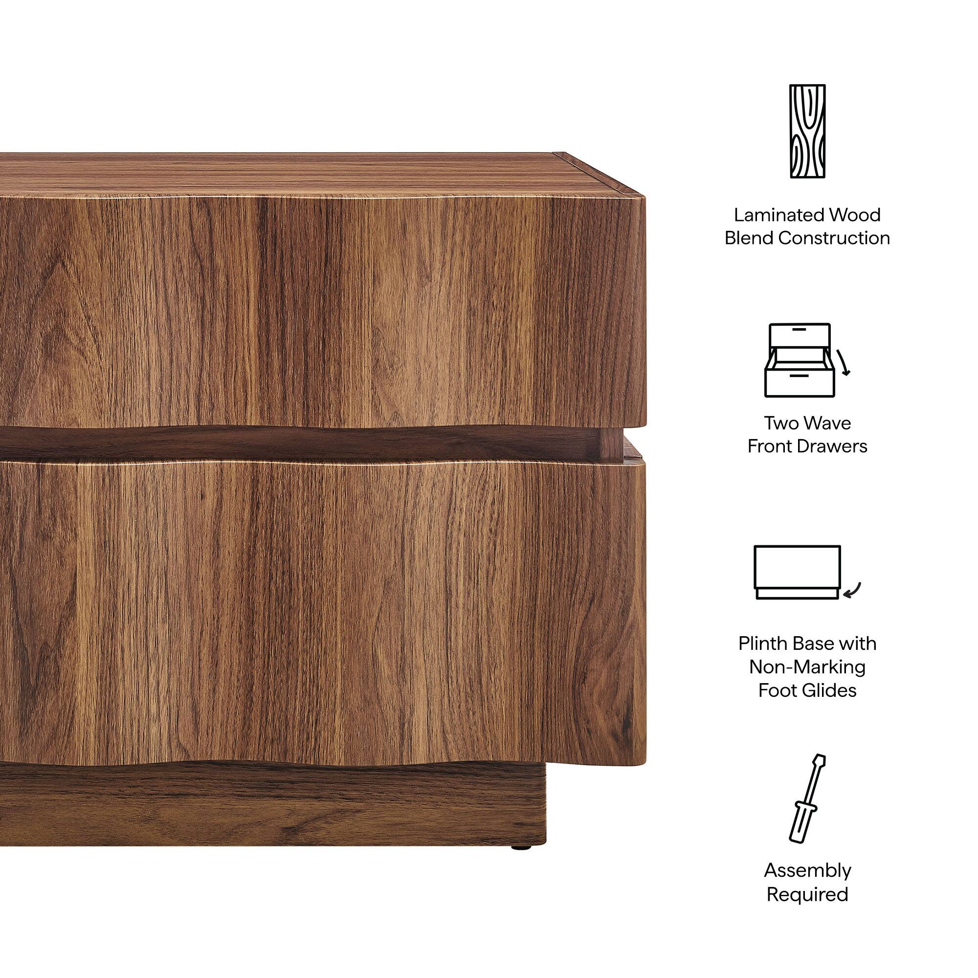 Laminated Wood Blend Construction  
Two Wave Front Drawers  
Plinth Base with Non-Marking Foot Glides  
Assembly Required
