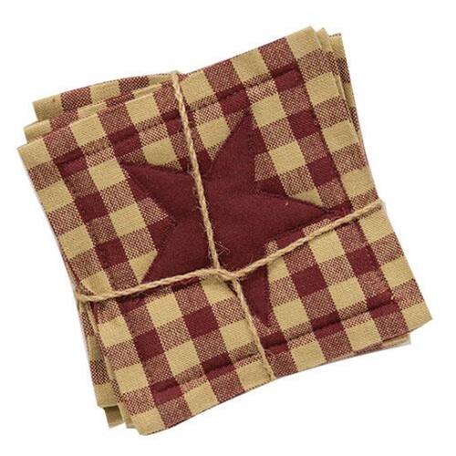 Front. BreeBe - 4/Set - Burgundy & Tan Check Star Applique Square Coasters - Burgundy & Tan.