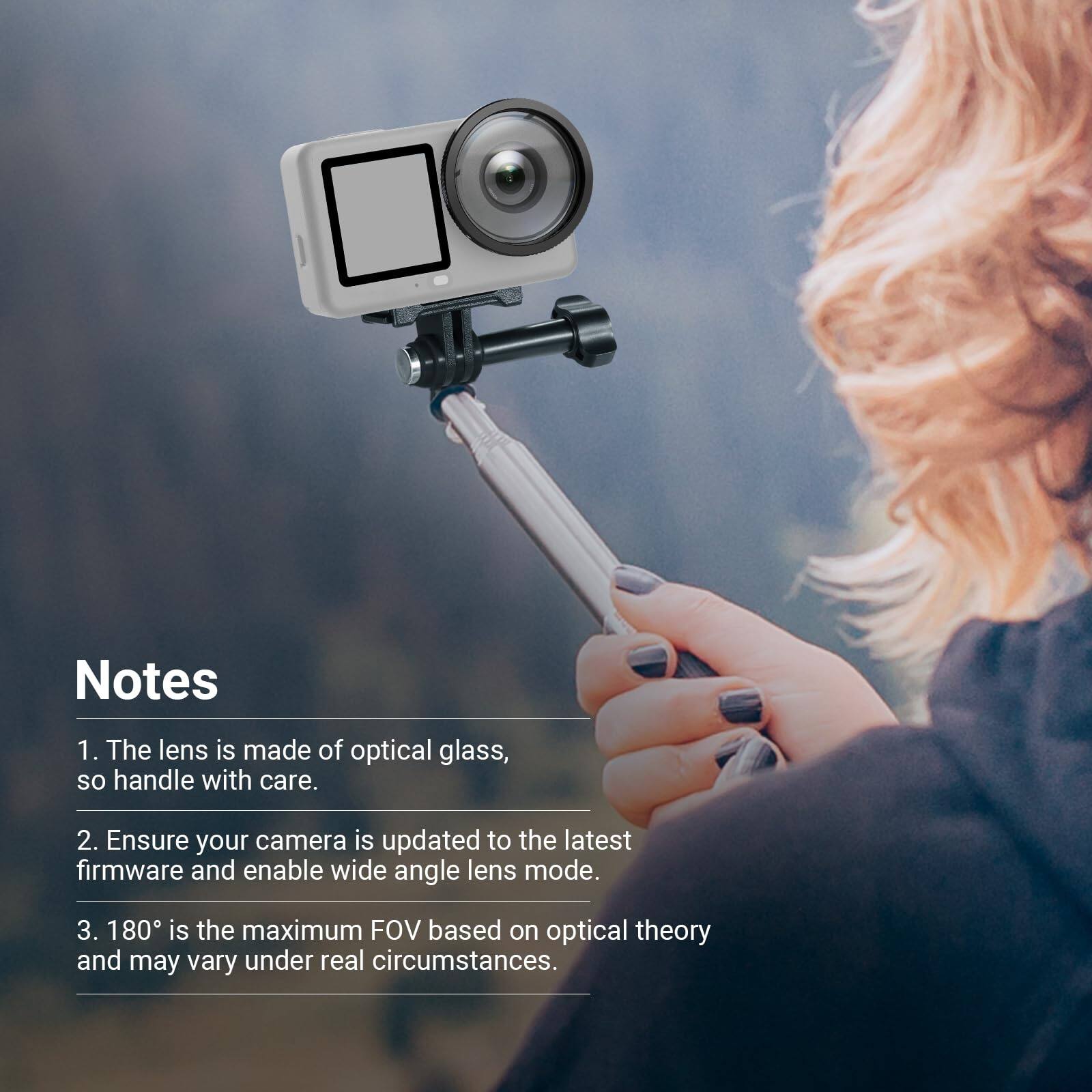 Notes

1. The lens is made of optical glass, so handle with care.
2. Ensure your camera is updated to the latest firmware and enable wide angle lens mode.
3. 180° is the maximum FOV based on optical theory and may vary under real circumstances.