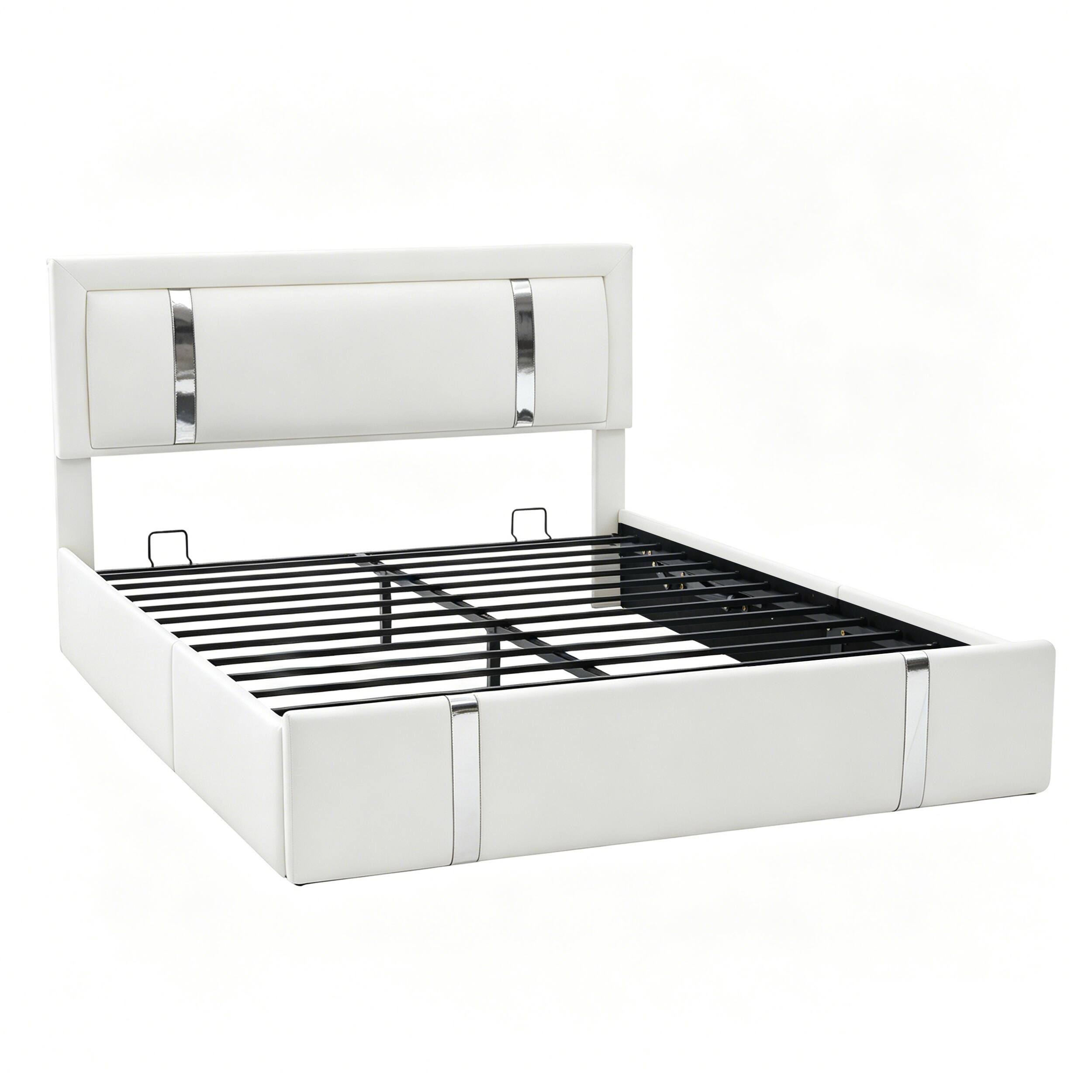 Alt View 5. LUCKY ONE - Queen Size Lift Up Storage Bed Frame with Adjustable LED Lights Headboard, USB-C Charging Ports - White.