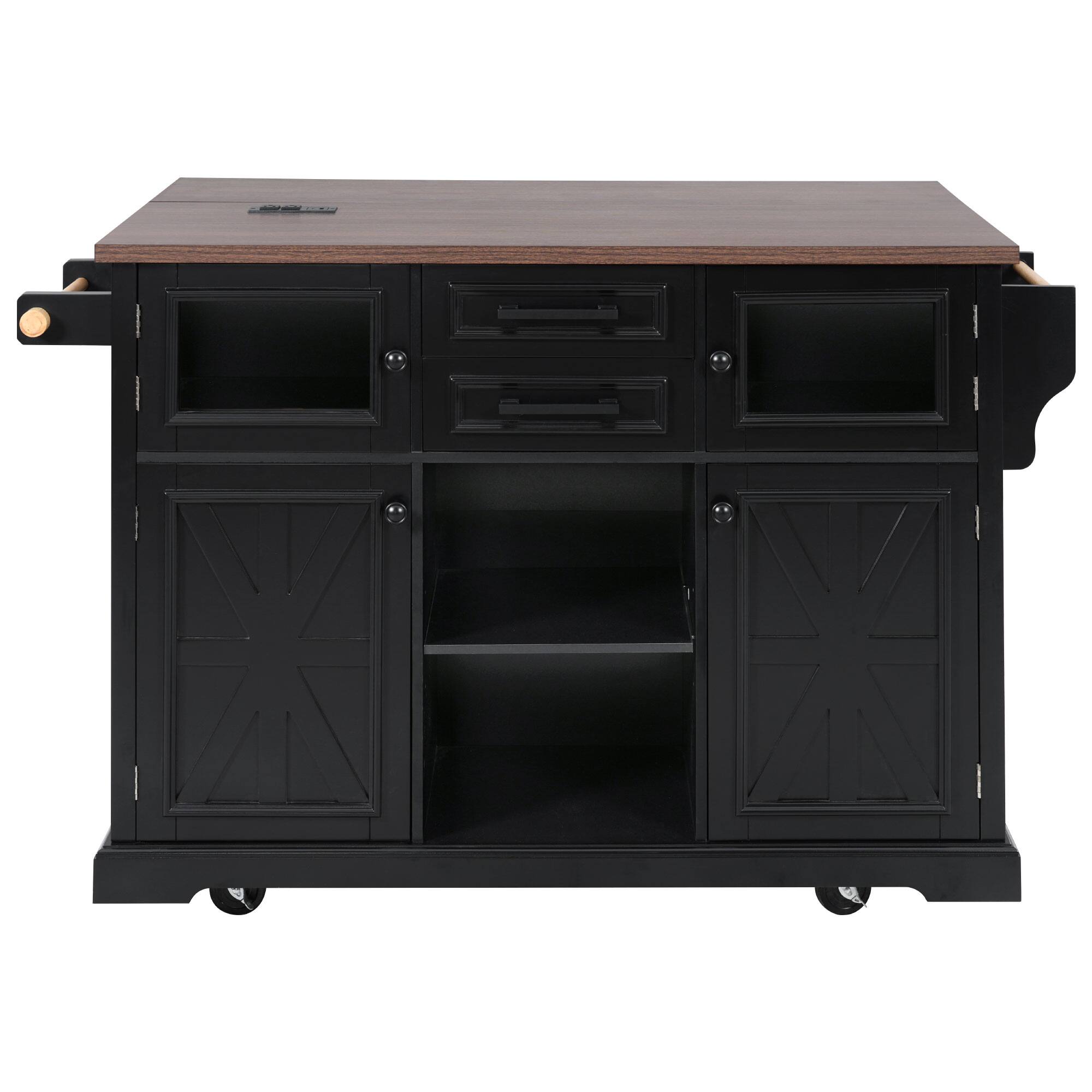Back. Whisen - 54.9" Kitchen Island with Drop Leaf & Power Outlet, Rolling Storage Cart with 4 Doors & 2 Drawers - Black.