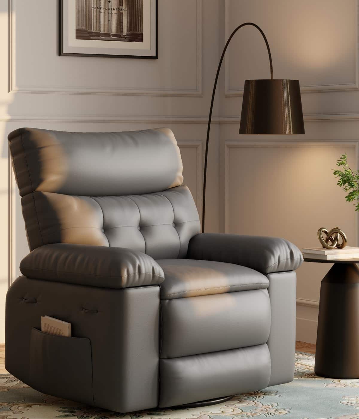 Jojoka - 37.4" Oversized Manual Recliner with Heat and Massage, 360 Swivel Recliner Chair 26.7" Seat with Cup Holder - Gray