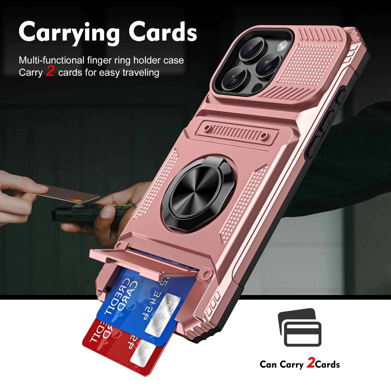 Carrying Cards

Multi-functional finger ring holder case
Carry 2 cards for easy traveling

Can Carry 2 Cards