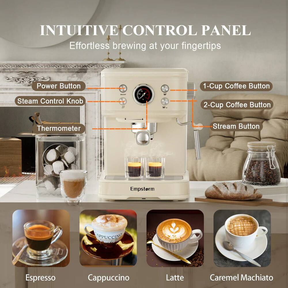 INTUITIVE CONTROL PANEL  
Effortless brewing at your fingertips  

- Power Button  
- Steam Control Knob  
- Thermometer  
- 1-Cup Coffee Button  
- 2-Cup Coffee Button  
- Stream Button  

Espresso  
Cappuccino  
Latte  
Caramel Macchiato