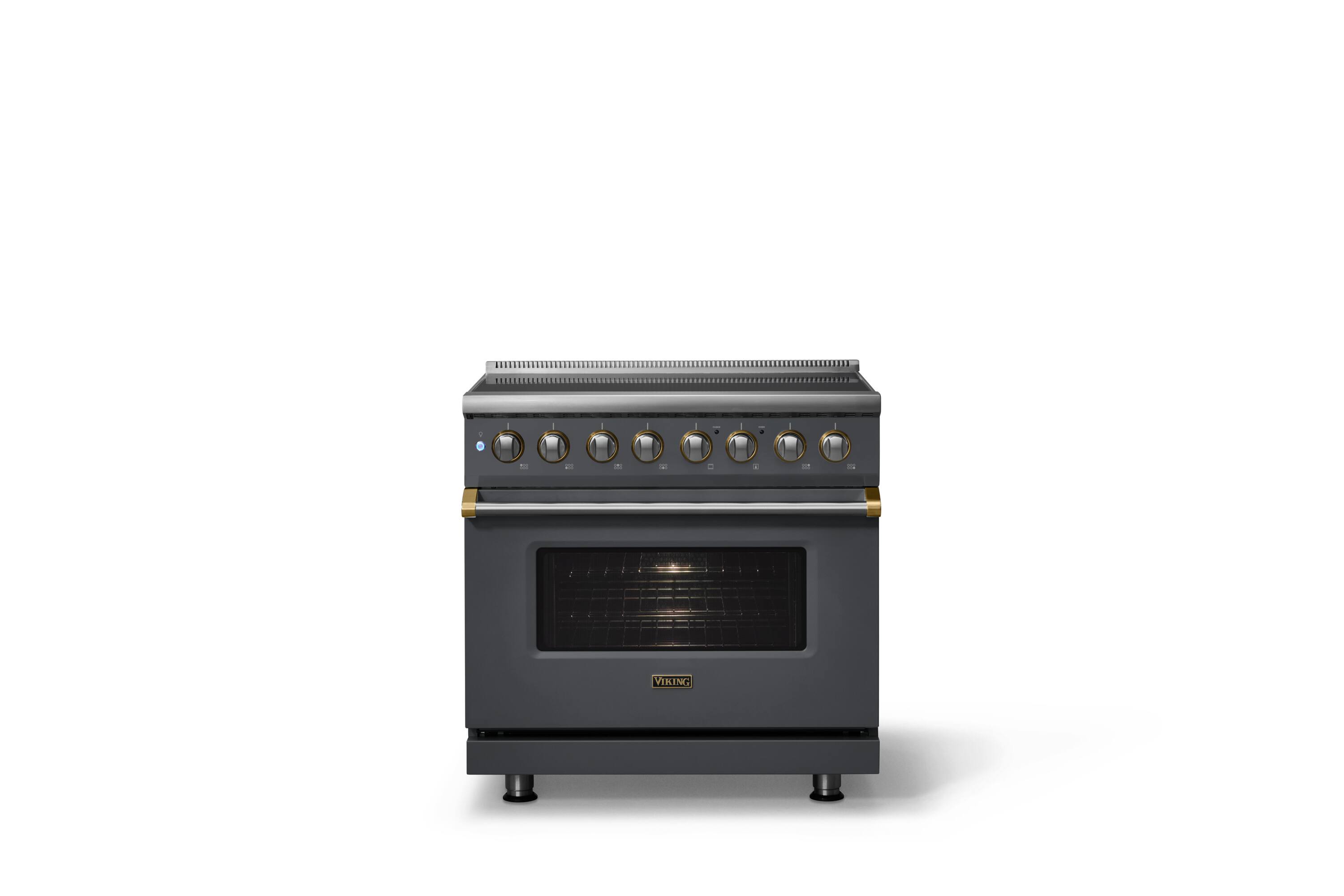 Alt View 1. Viking - 36 in. Wide 6 Elements Pro 5 Series 5.6 Cu.Ft. Freestanding Induction Convection Range with Brushed Brass Trim - Cast Black.