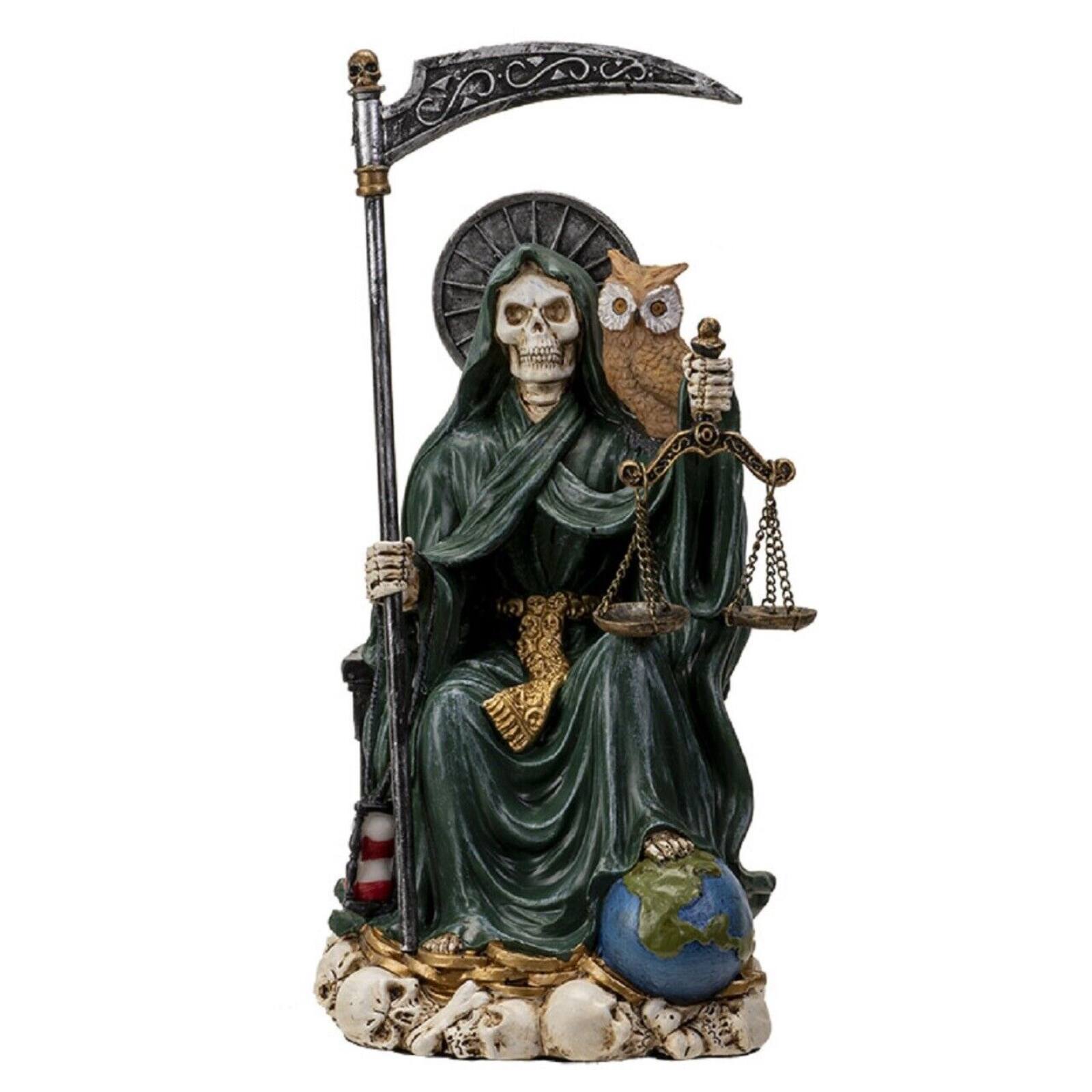 Front. Pacific Trading - Sitting Santa Muerte inGreen Gown with Owl and Scale Figurine Death 9 Inch.