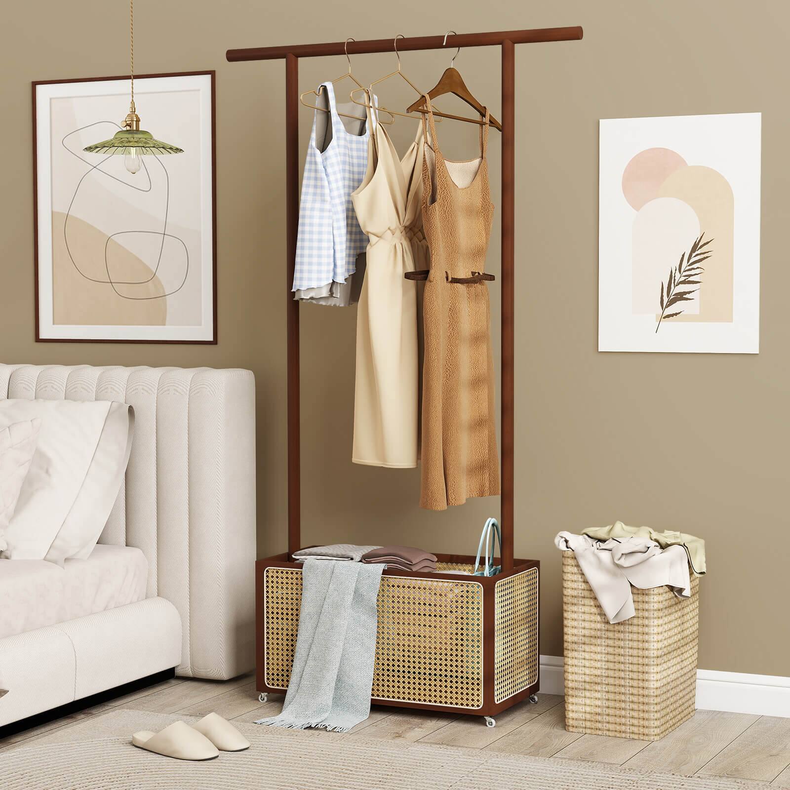 Alt View 1. Costway - Costway Bamboo Clothes Rack with Rattan Storage Basket & Wheels, Rolling Garment Rack - Brown.