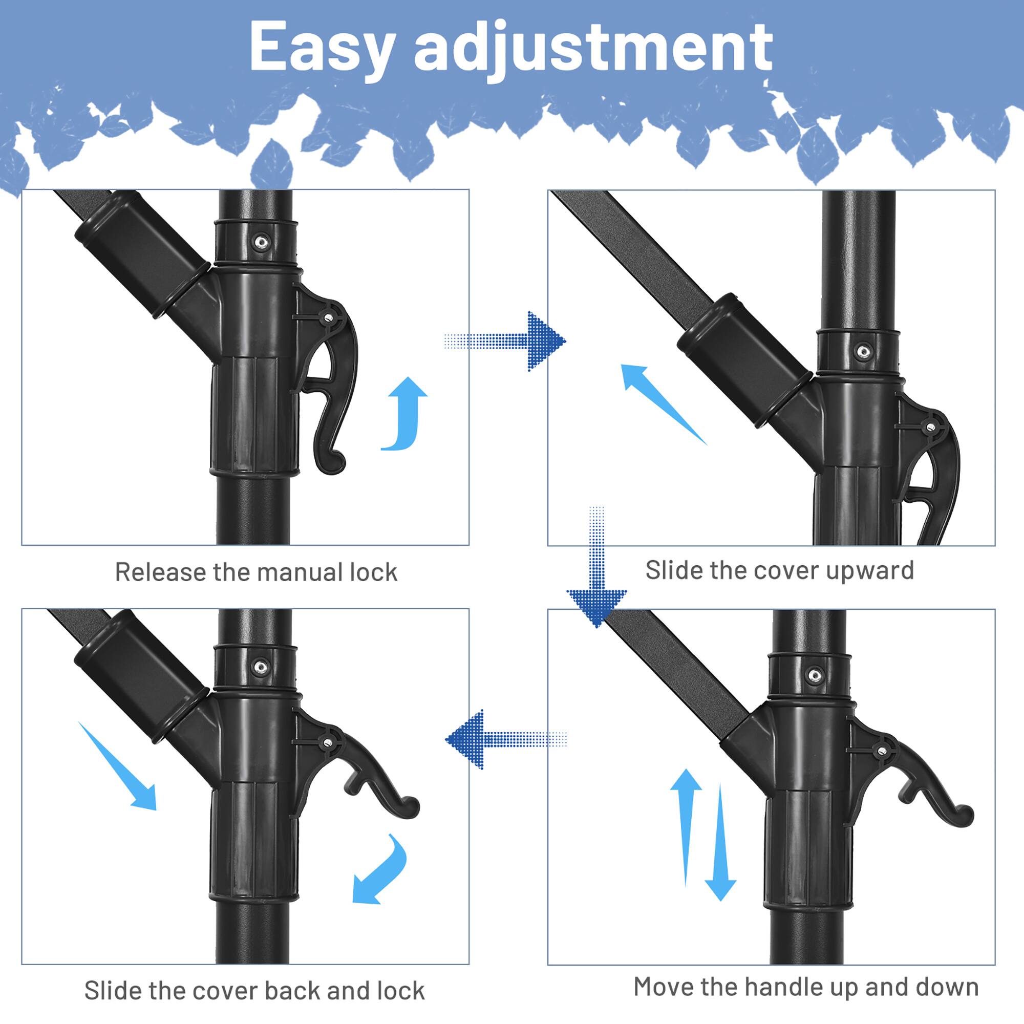 Easy adjustment

1. Release the manual lock
2. Slide the cover upward
3. Slide the cover back and lock
4. Move the handle up and down