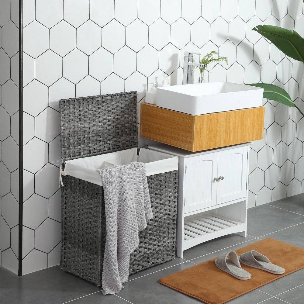 Angle. Hivvago - Grey PP Rattan 29-Gal Laundry Hamper Basket w/ 2-Compartment Washable Liner Bag - Grey.
