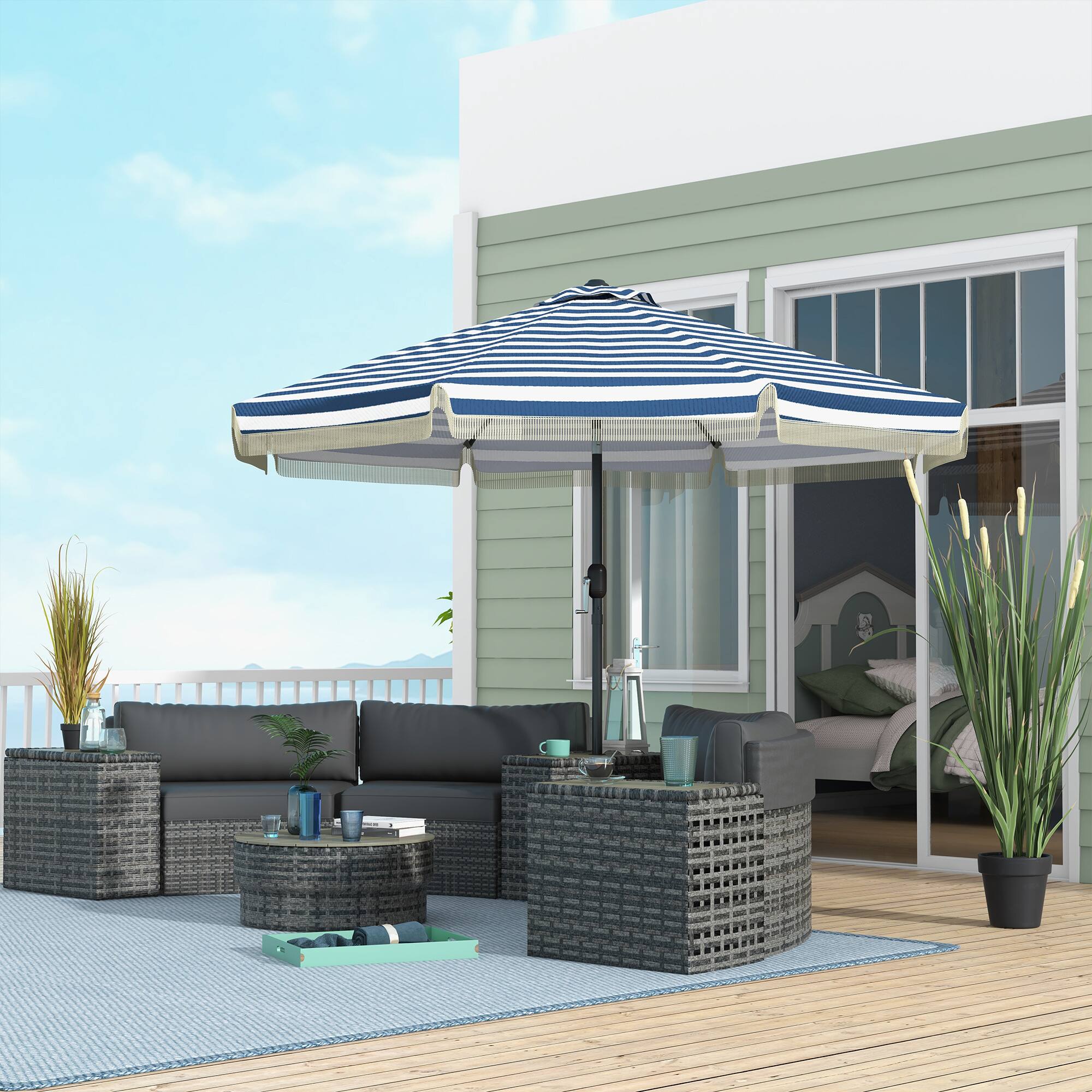 Alt View 1. Outsunny - Patio Umbrella Outdoor Table Umbrella w/ Tilt, Crank, Ruffled, 8 Ribs for Garden, Deck, Pool - Blue.