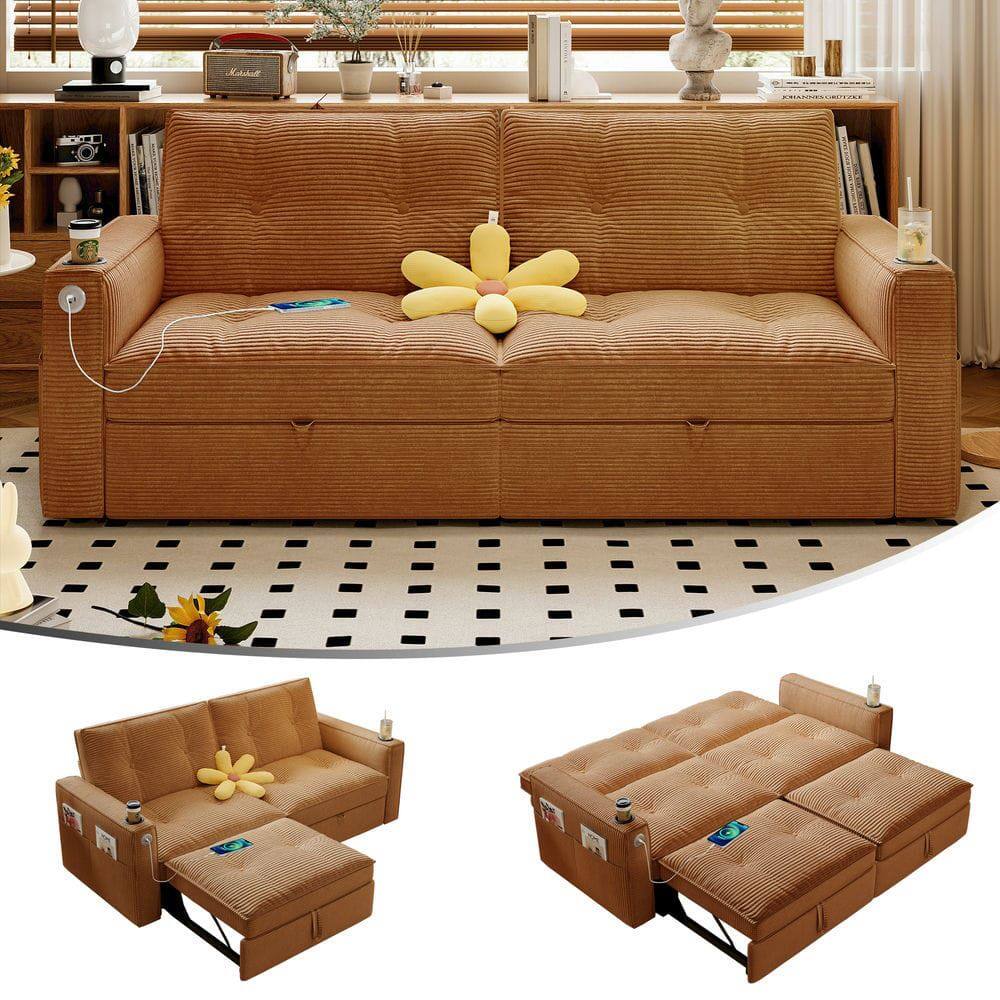 Alt View 5. Resenkos - 2-in-1 Multi-Functional Sofa Bed for Sitting & Sleeping, Modern Corduroy Fabric Sofa for Living Room, Orange - Orange.