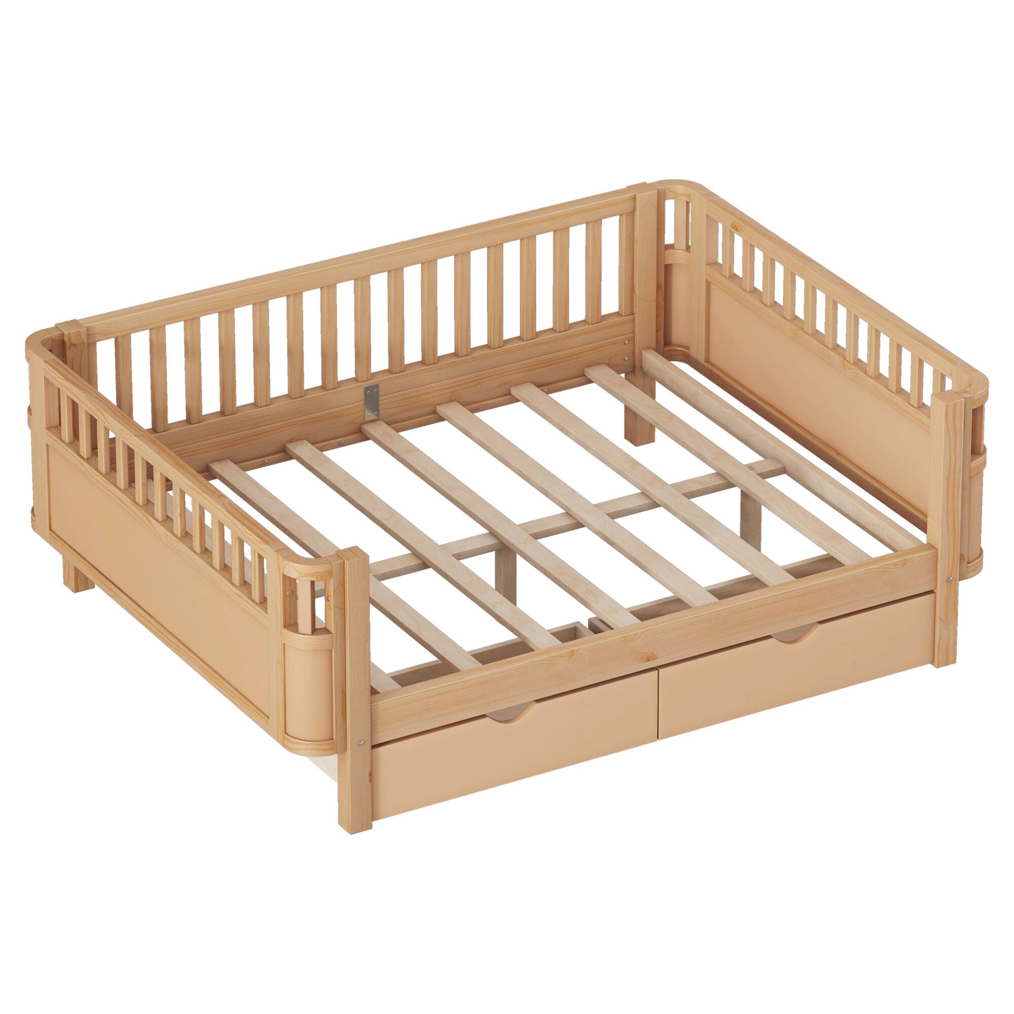 Alt View 2. GOODSILO - Full Size Wood Platform Bed with Safety Rails for Children's Rooms, Sturdy Low Profile Design for Kids and Teens - Natural.
