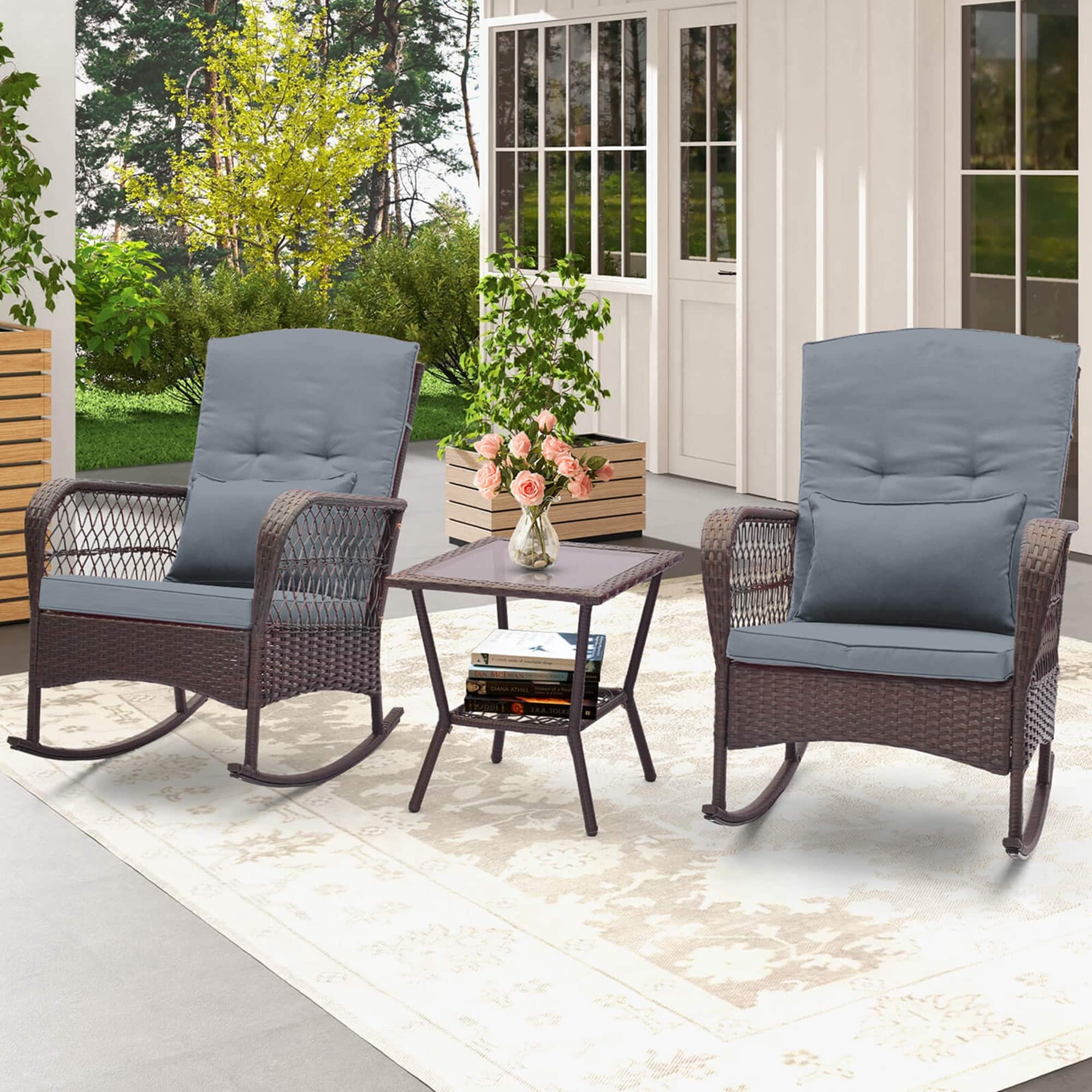 Alt View 1. Costway - 3 PCS Patio Rocker Set Outdoor Wicker Rocking Chairs with Double-Layer Coffee Table - Gray.