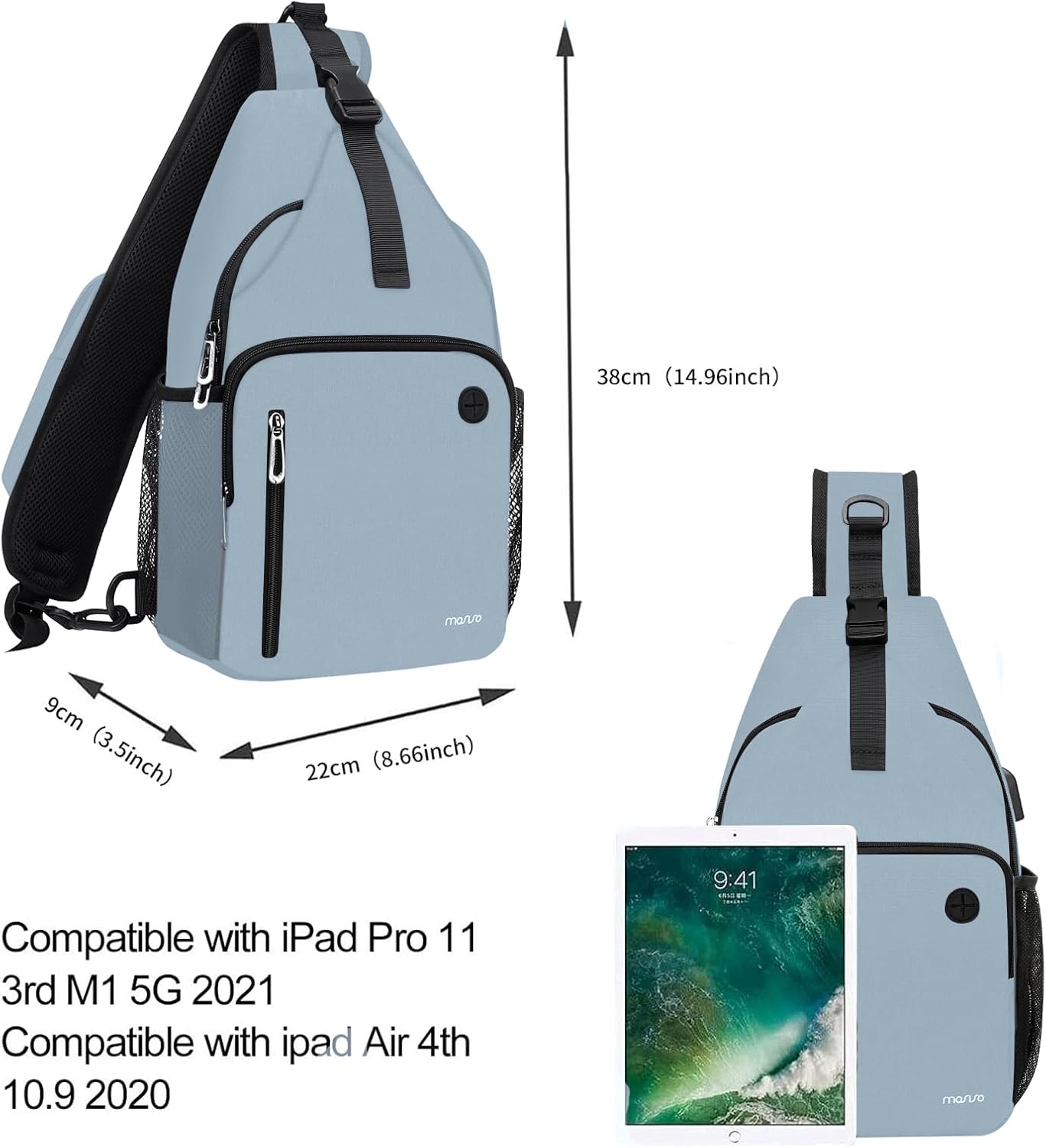 38cm (14.96inch)  
9cm (3.5inch)  
22cm (8.66inch)  

Compatible with iPad Pro 11 3rd M1 5G 2021  
Compatible with iPad Air 4th 10.9 2020