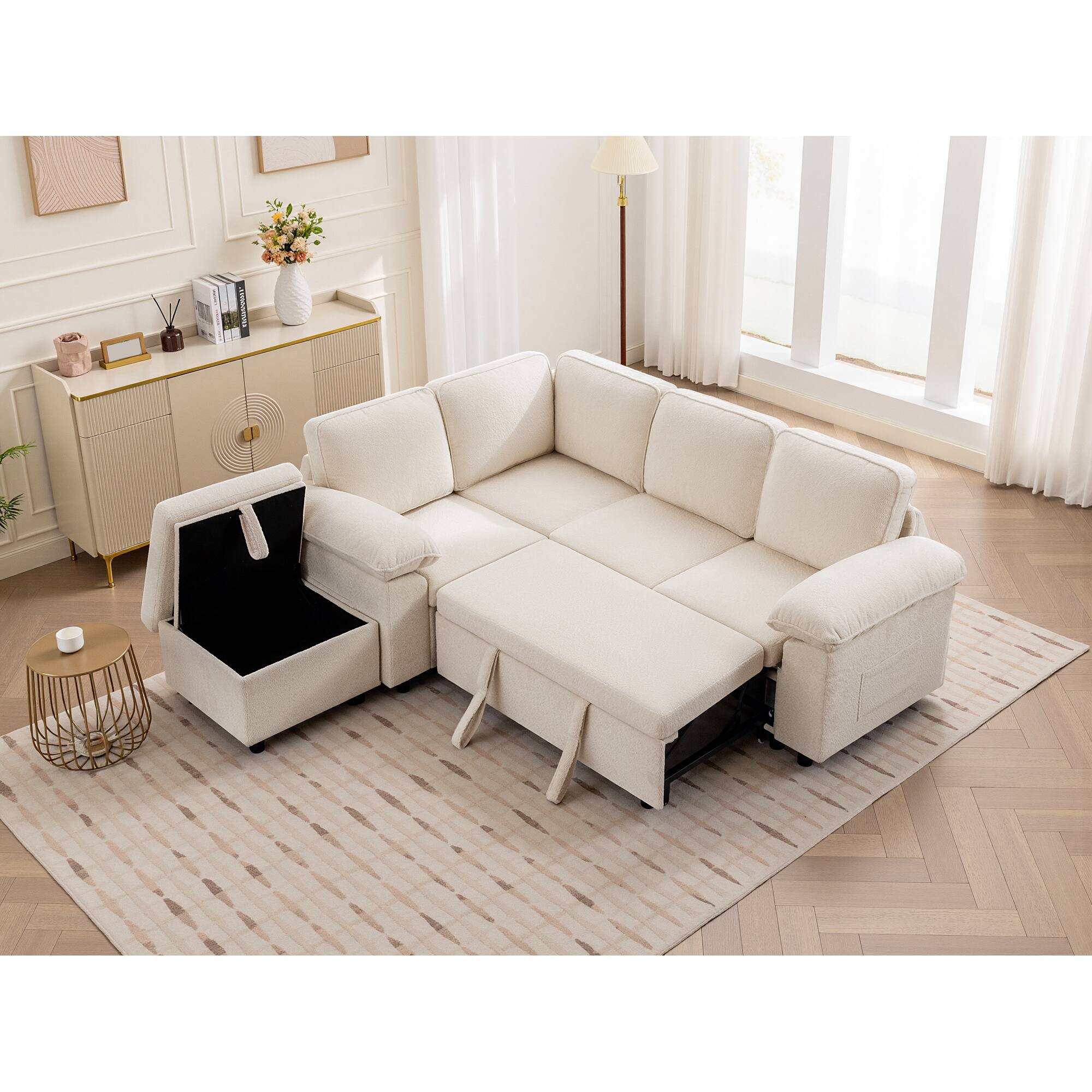 Alt View 1. KERDOM - Oversized Pullout Sofa Couch with Storage Ottoman, Side Pocket, Washable Covers, Sectional Sofa Bed Free Combination - White-B.