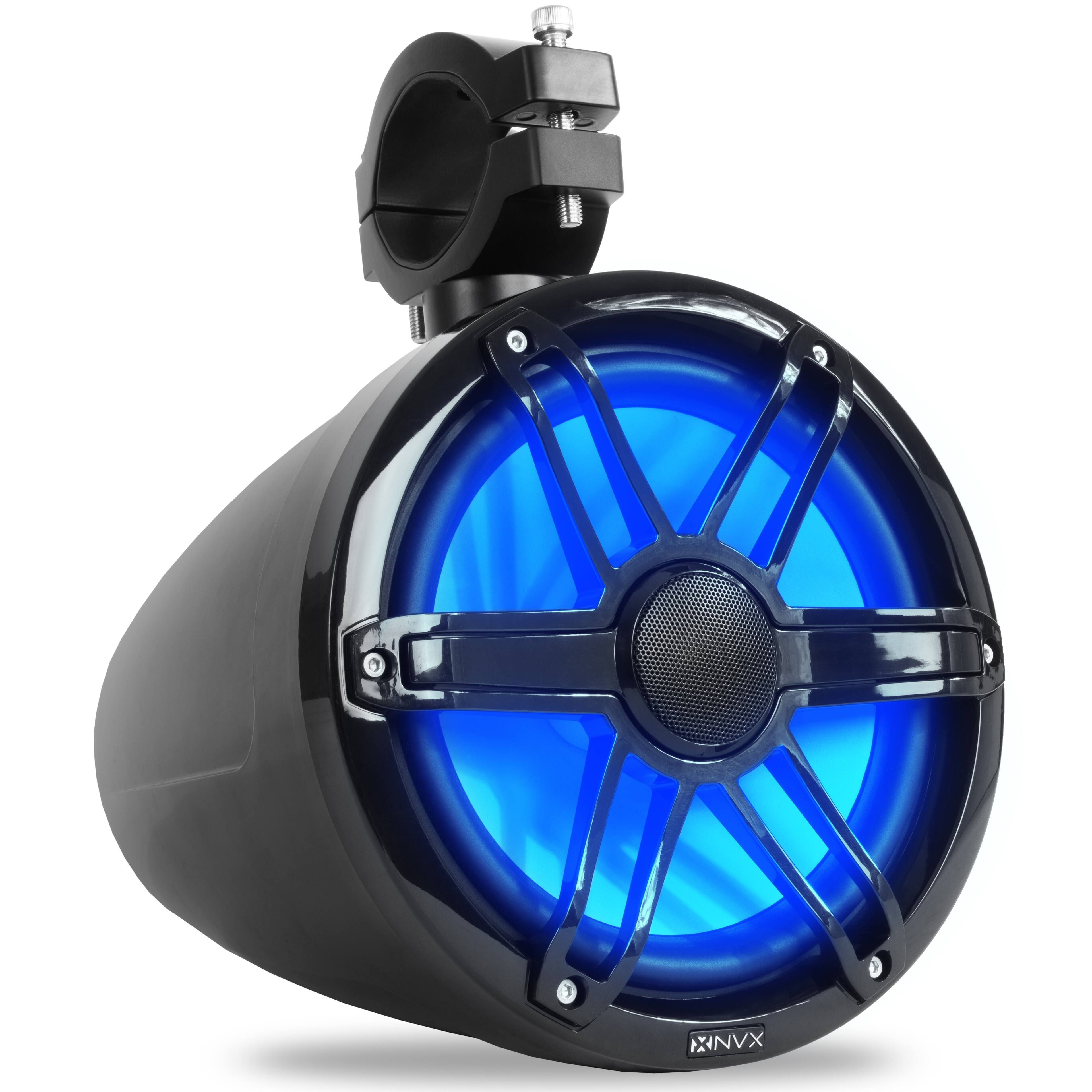 Angle. NVX - MVTSP8B (Sold Individually) 125W RMS 8in V-Series 2-Way Marine Tower Speaker with LED Lighting and Swiveling Clamps.
