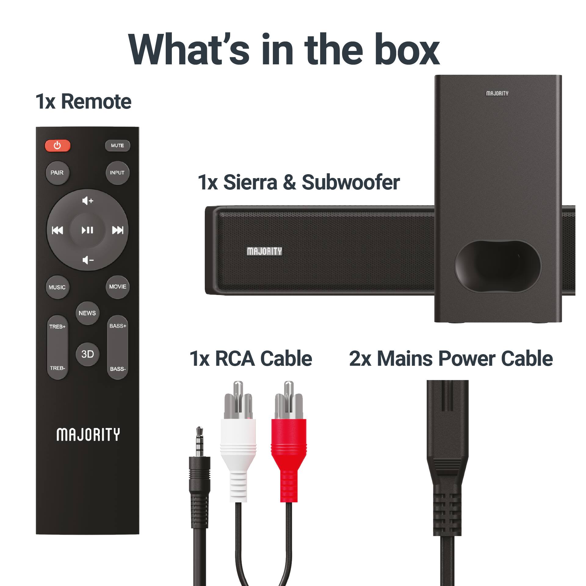 What's in the box: 1x Remote Control, 1x Sierra & Subwoofer, 1x RCA Cable, 2x Mains Power Cable, 1x Mute Pair, 1x Input.