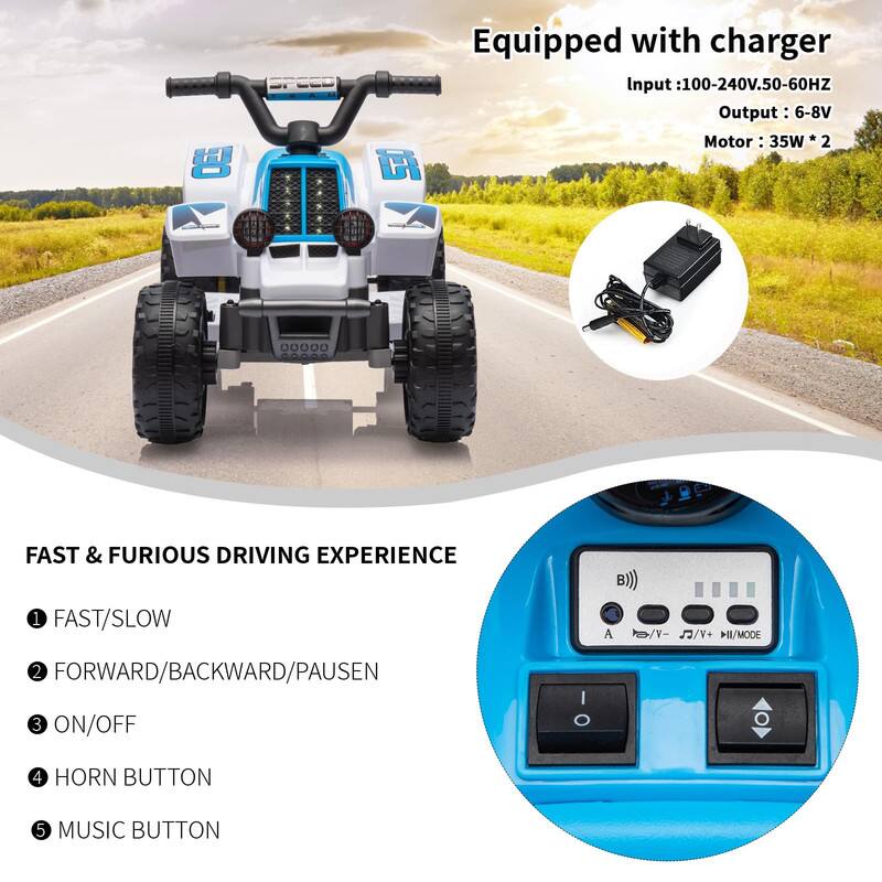 Equipped with charger  
Input: 100-240V, 50-60Hz  
Output: 6-8V  
Motor: 35W * 2  

FAST & FURIOUS DRIVING EXPERIENCE  
1. FAST/SLOW  
2. FORWARD/BACKWARD/PAUSE  
3. ON/OFF  
4. HORN BUTTON  
5. MUSIC BUTTON