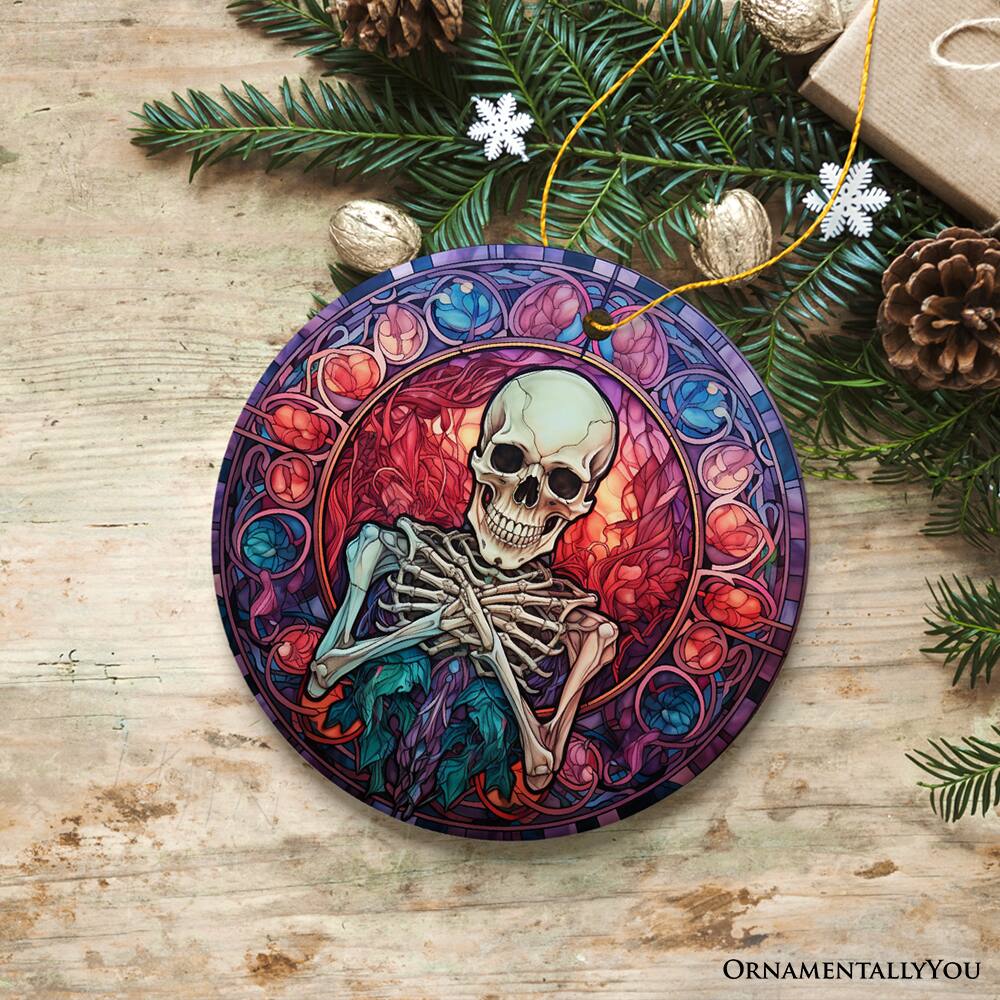 Back. OrnamentallyYou - Ghastly Grins Haunted Skeleton Stained Glass Style Ornament Halloween Themed Christmas Gift - Multi-colored.