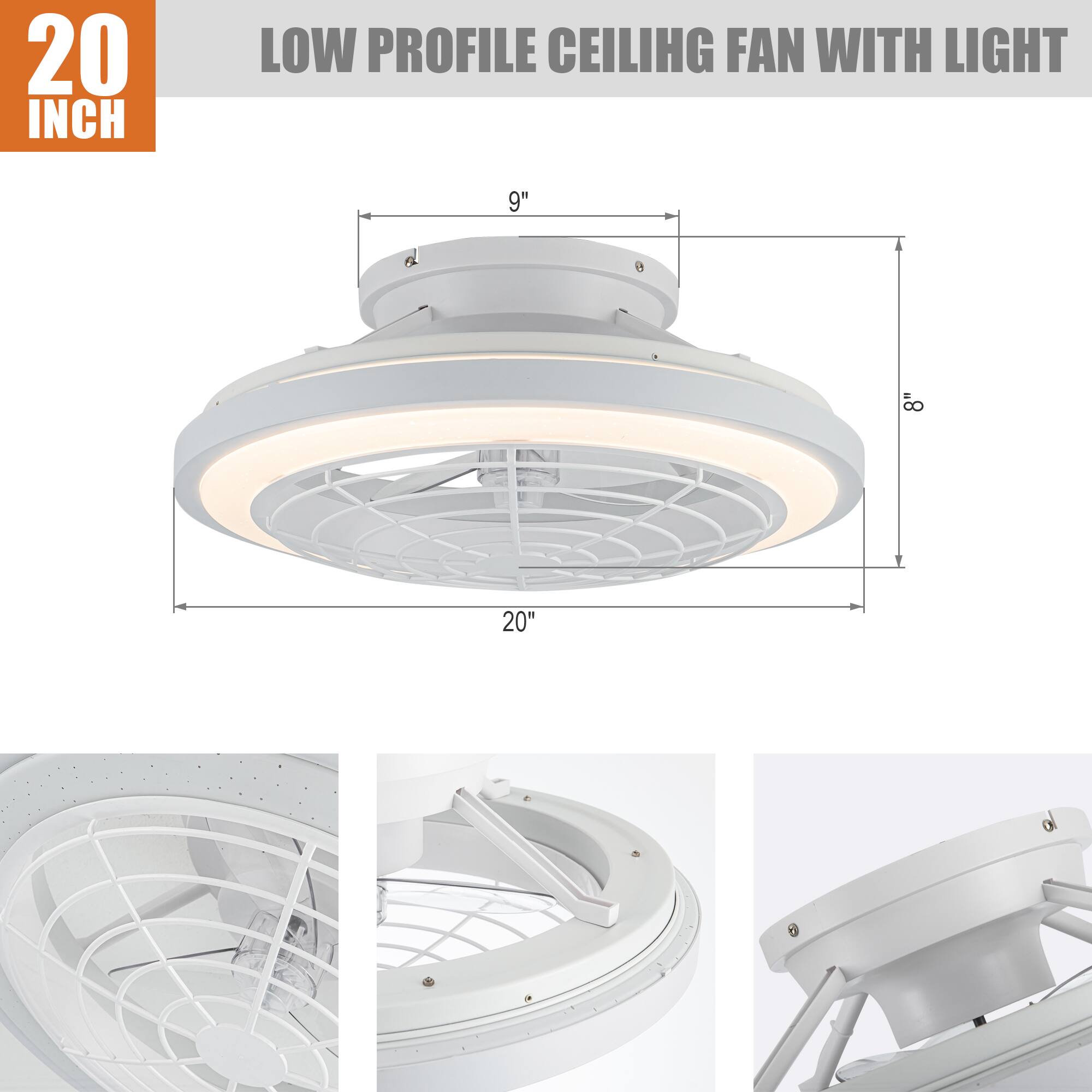 20 INCH  
LOW PROFILE CEILING FAN WITH LIGHT  

9"  
8"  
20"