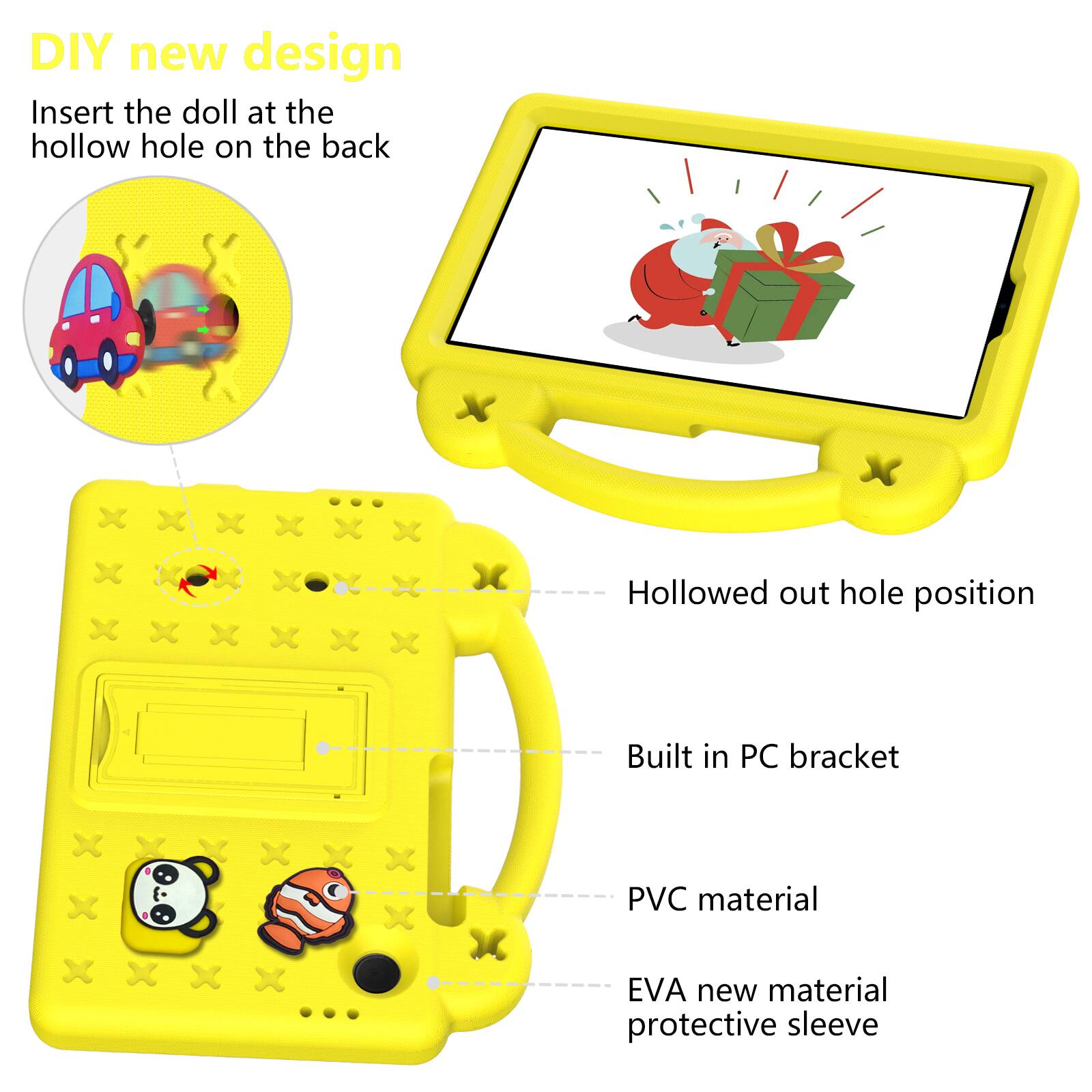 DIY new design  
Insert the doll at the hollow hole on the back  

- Hollowed out hole position  
- Built in PC bracket  
- PVC material  
- EVA new material protective sleeve