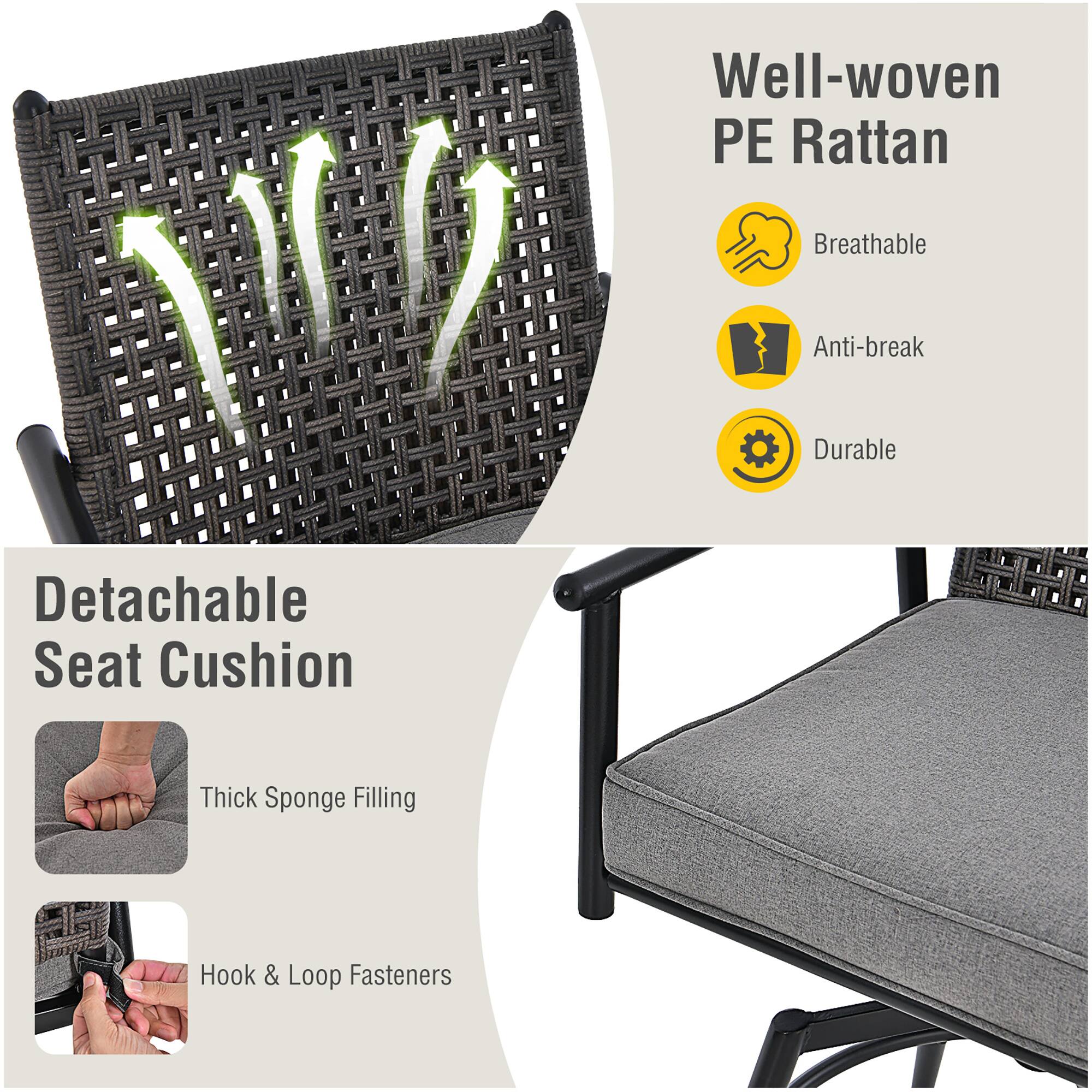 Well-woven PE Rattan Breathable Anti-break Durable Detachable Seat Cushion with Thick Sponge Filling and Hook & Loop Fasteners.