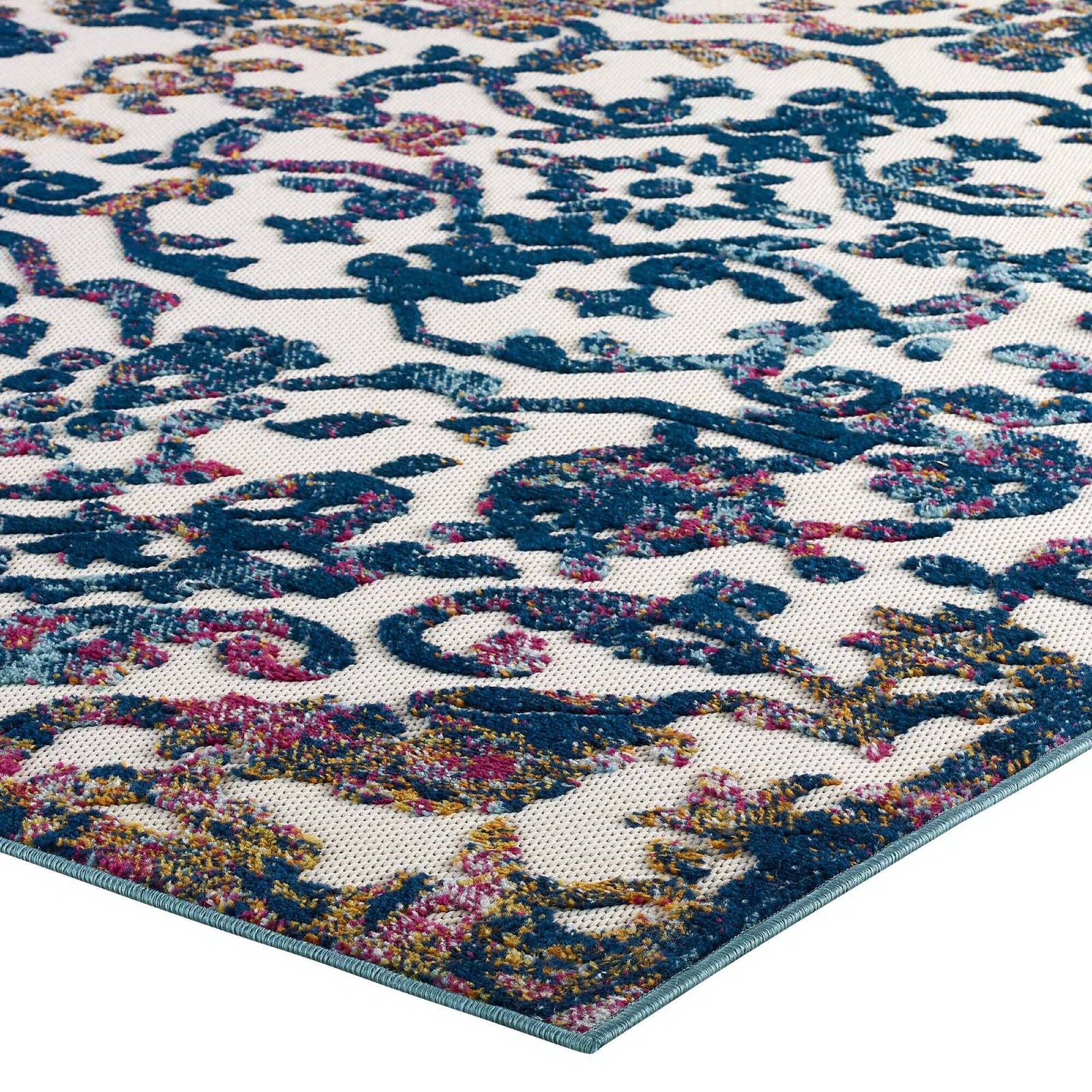 Alt View 4. Modway - Reflect Primrose Ornate Floral Lattice Indoor/Outdoor Area Rug - Ivory Dark Blue Multicolored.