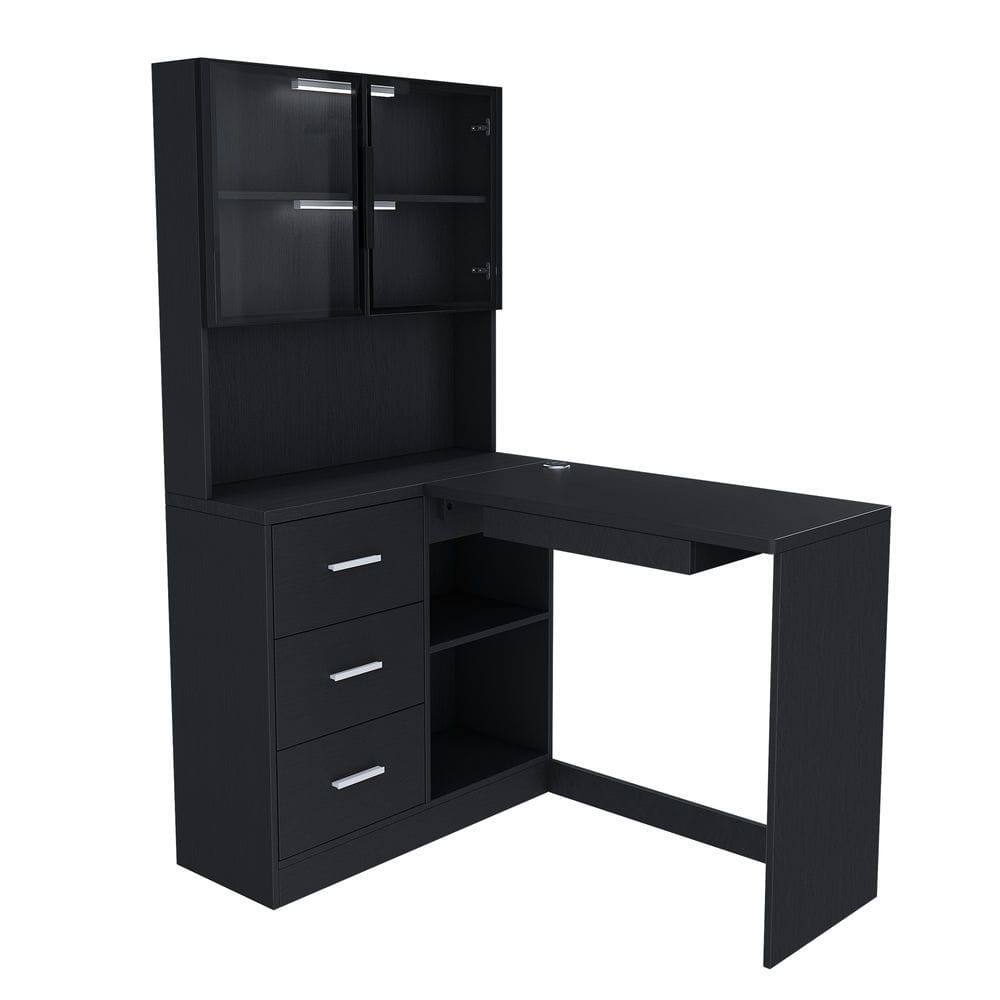 Front. Kadyn - L-Shaped Office Desk with Charging Station and LED Lighting - Black - Black.