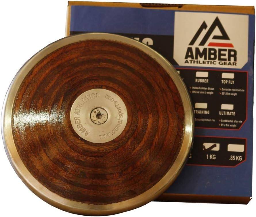 AMBER ATHLETIC GEAR  
Rubber Top Fly  
Molded rubber discus  
Official size & weight  

Training Ultimate  
Galvanized steel rim  
Sandblasted alloy rim  

1 KG  
.85 KG