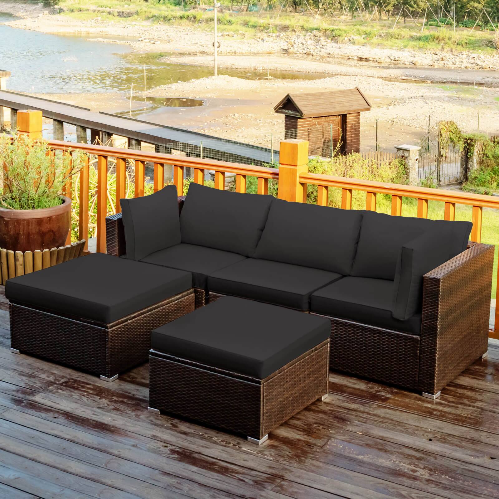Alt View 1. Costway - Costway 5PCS Outdoor Patio Rattan Furniture Set Sectional Conversation Cushion - Black.