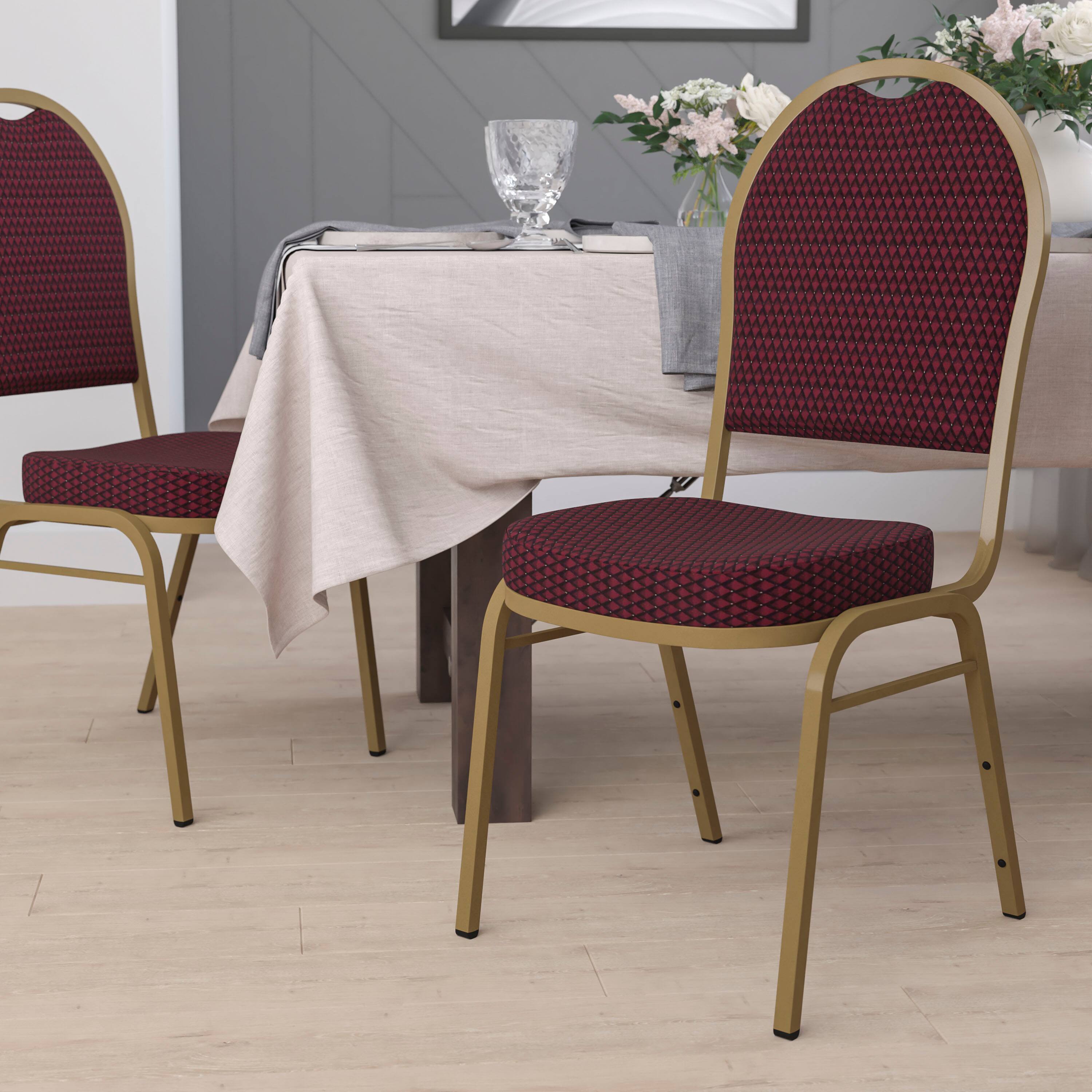 Alt View 1. Emma + Oliver - Dome Back Stacking Banquet Dining Chair - Burgundy Patterned Fabric/Gold Frame.