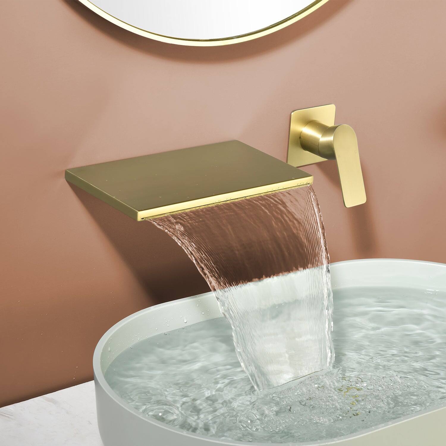 Alt View 1. Boyel Living - Brushed Gold Wall Mount Faucet SUS304 Waterfall Spout Brass Body Single Handle 1/2NPT Thread - Brushed Gold.