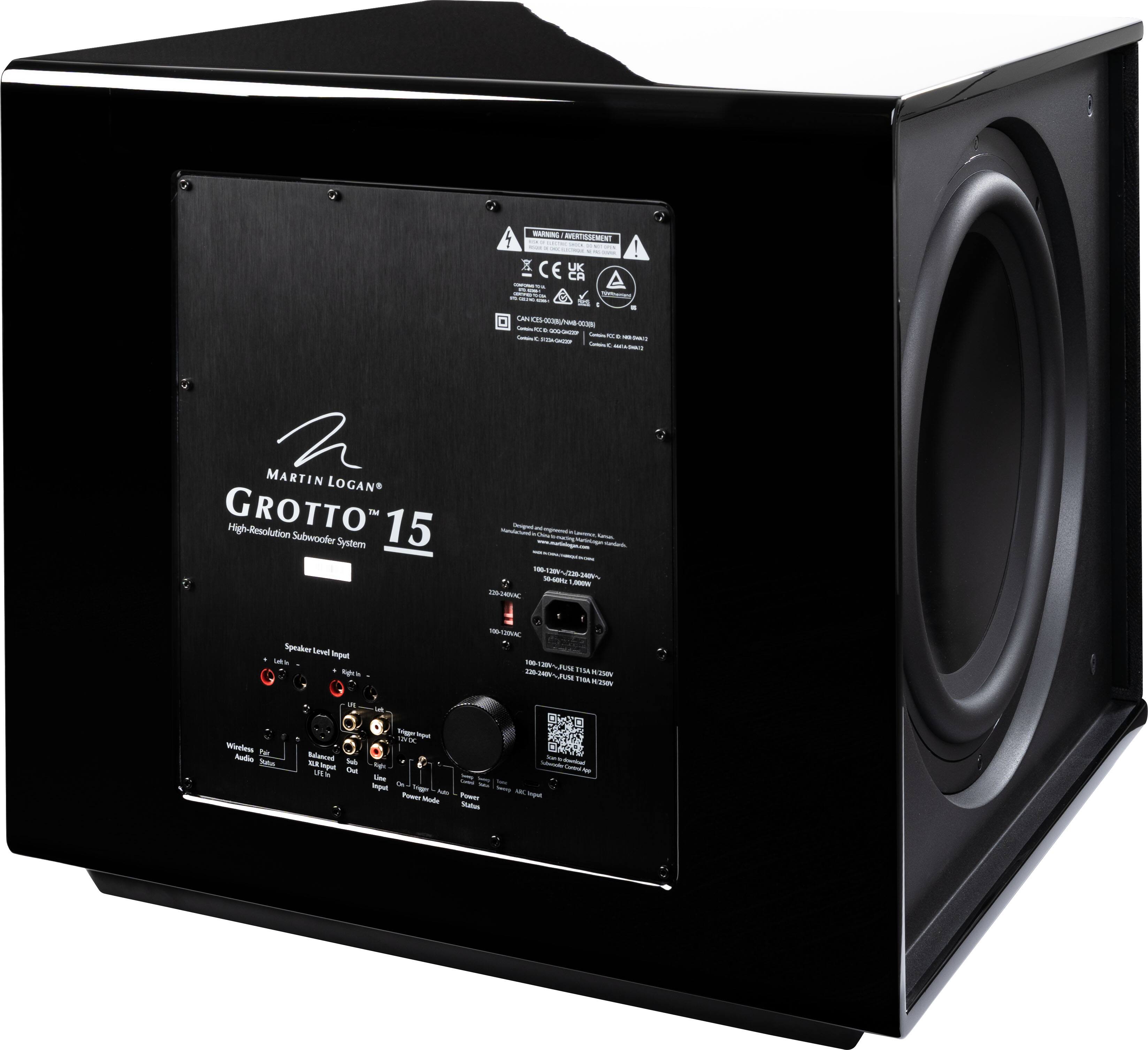 1 - MEN x CE  
LAS  
MARTIN LOGAN GROTTO™ 15 High-Resolution Subwoofer System  

Speaker Level Input  
- Left  
- Right  

Wireless Audio  
- Pairing  
- Status  

Bluetooth®  

Power Mode  
- On  
- Off  

Input  
- L/R  
- L/R Sub  

Power  
- On  
- Off  

Status  

QR Code for Setup  

CE  
CFC  
RoHS  

WARNING: RISK OF ELECTRIC SHOCK  
DO NOT OPEN  

CAUTION: RISK OF ELECTRIC SHOCK  
DO NOT OPEN  

CON: C15-0001  
Model: C15-0001  
Made in China  

100-240V~50/60Hz  
250W  
15" (380mm)  
100Hz - 200Hz  
225mm x 225mm x 150mm  
114.1 x 225 x 225mm  
TIA/EIA-609  

100-240V~50/60Hz  
250W  
