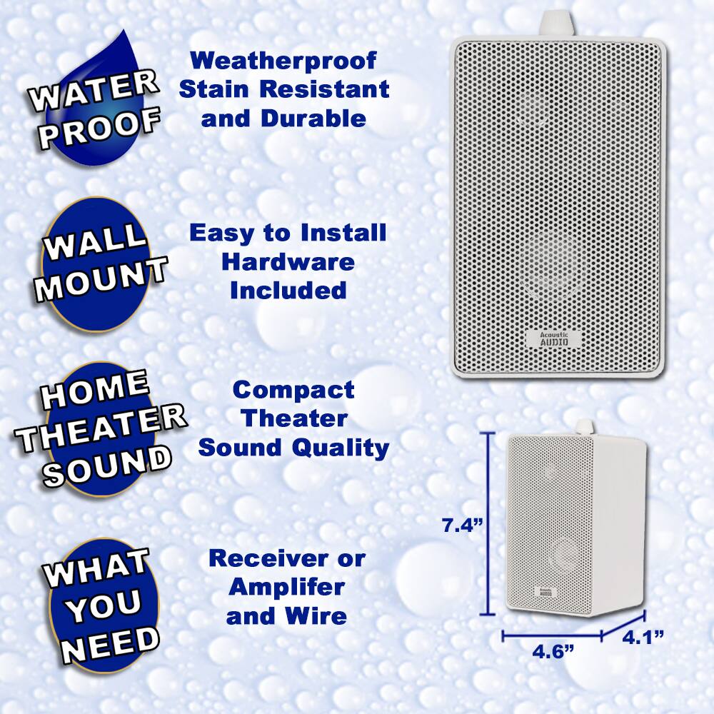 - Weatherproof
- Stain Resistant and Durable
- Easy to Install
- Hardware Included
- Compact Theater
- Sound Quality
- Receiver or Amplifier
- and Wire
- 7.4" Acoustic
- 4.6"
- 4.1"