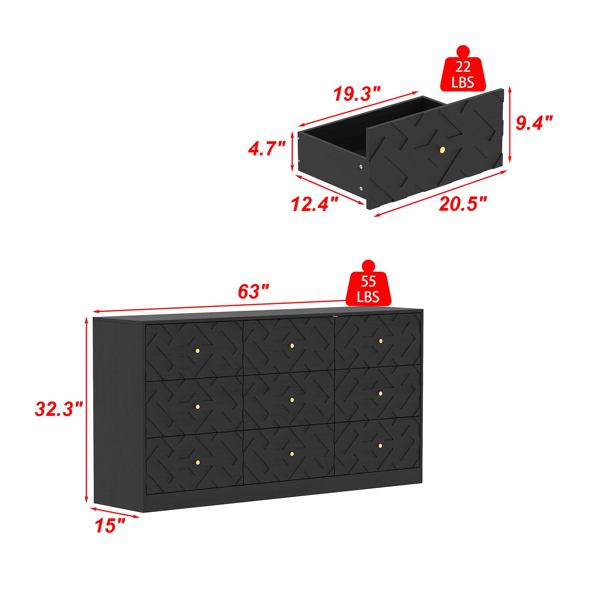 15", 32.3", 63", 55 LBS, 22 LBS, 20.5", 12.4", 9.4", 19.3", 4.7"
