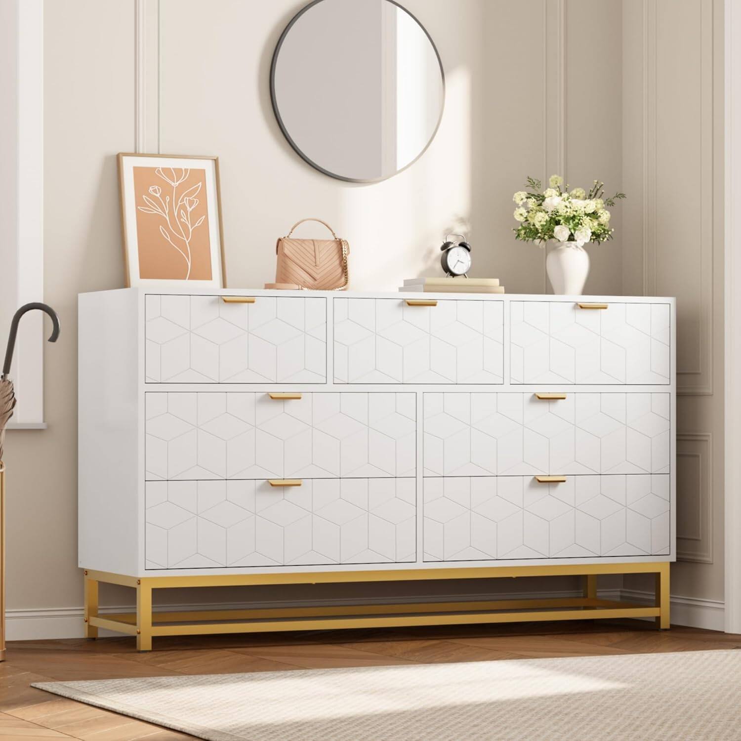Angle. Homhougo - White 53.5" 7-Drawer Dresser, Gold Accents, TV Stand & Closet Storage - White.