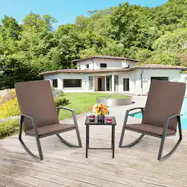 Gymax - 3PCS Rattan Bistro Rocking Chair Set Patio Furniture Set w/ Cushions - Brown